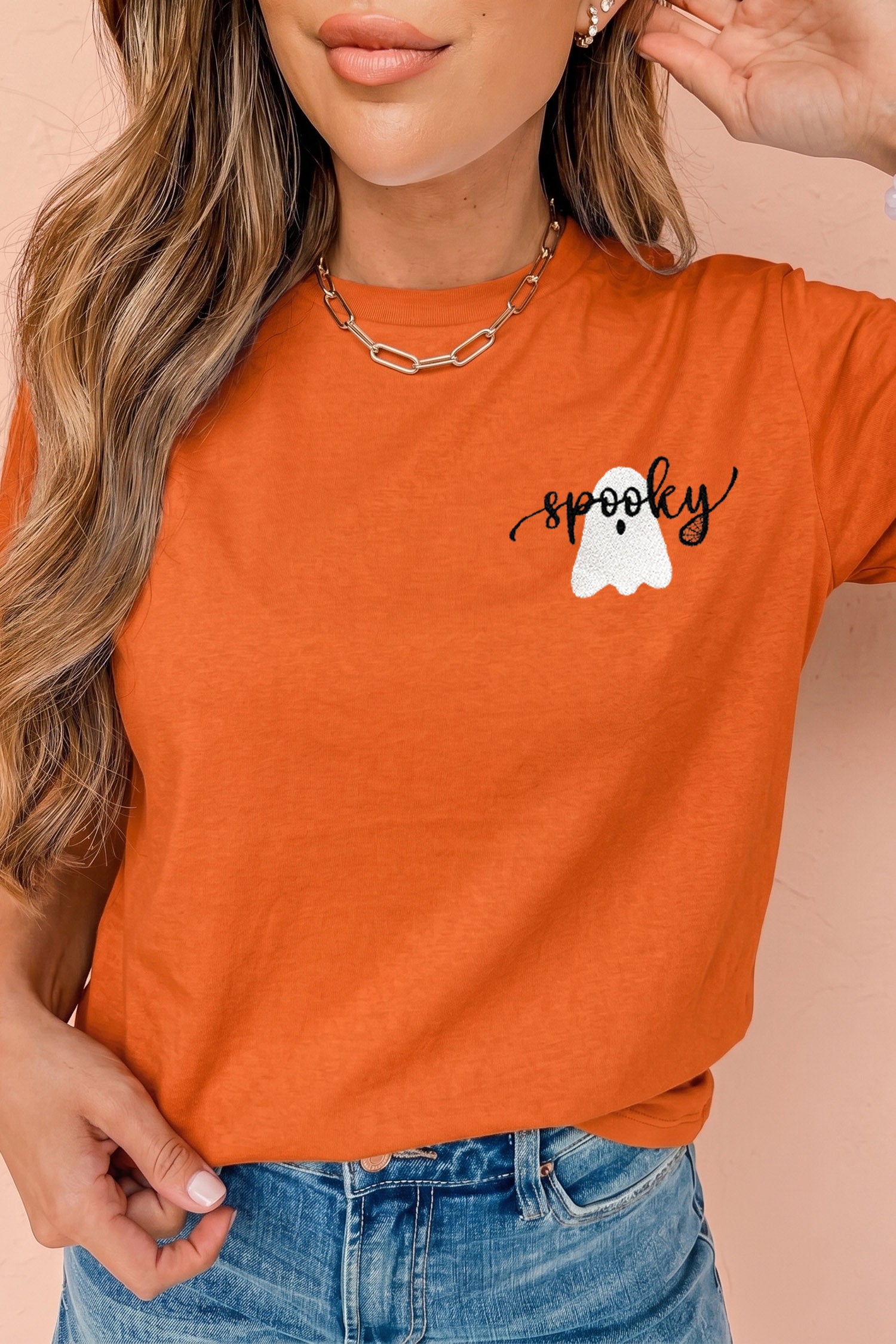Orange Embroidered Spooky Ghost Graphic Halloween T-Shirt