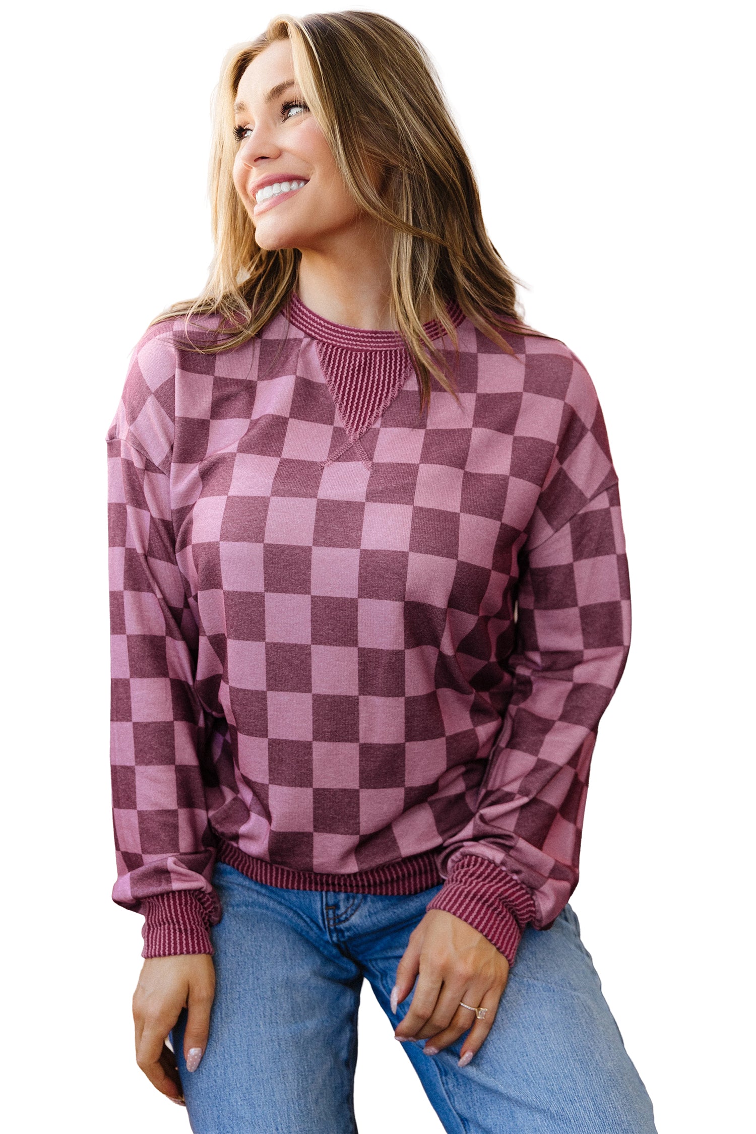 Red Ribbed Trim Checkered Print Long Sleeve Pullover Top