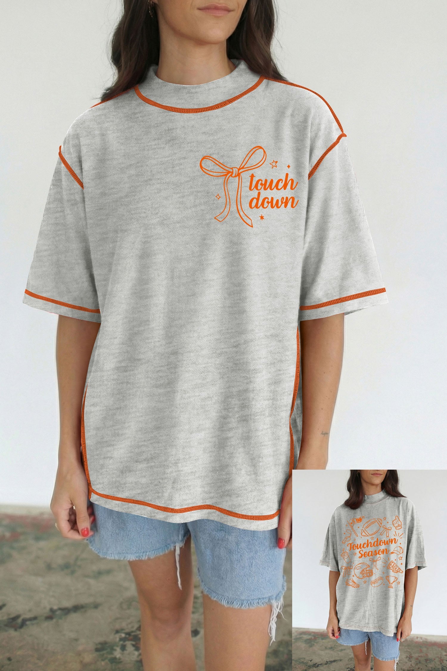 Light Grey Game Day Touchdown Season Graphic Reversible Mock Neck Tee