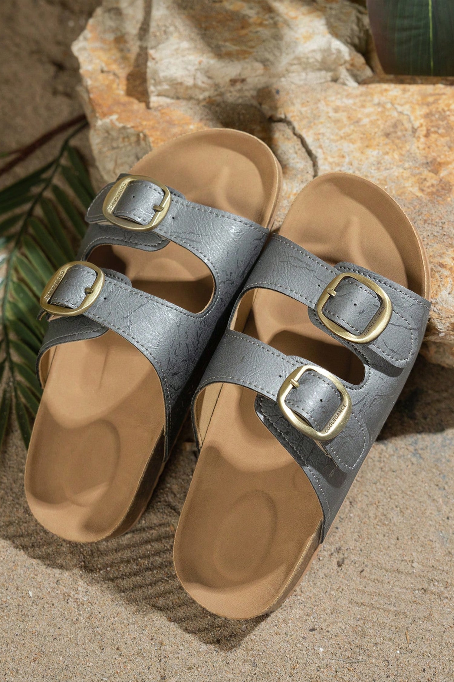 Ashleigh Blue Metallic Detail Retro Double Buckle Hollowed Slippers