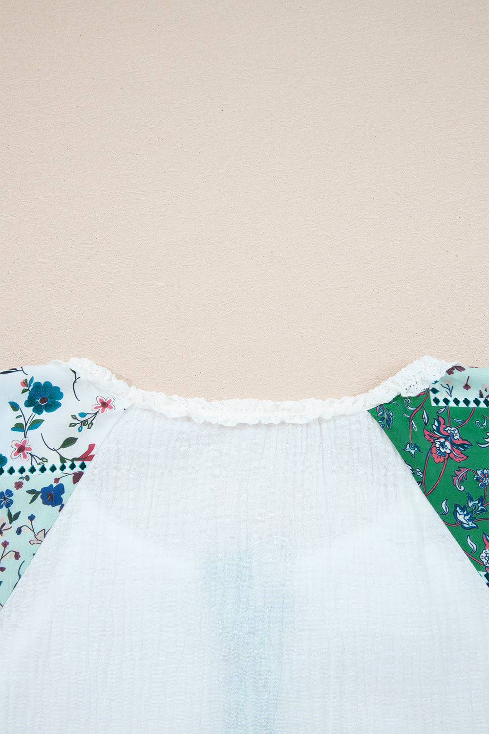 White Plant Mesh Patched Color Block Half Button Blouse