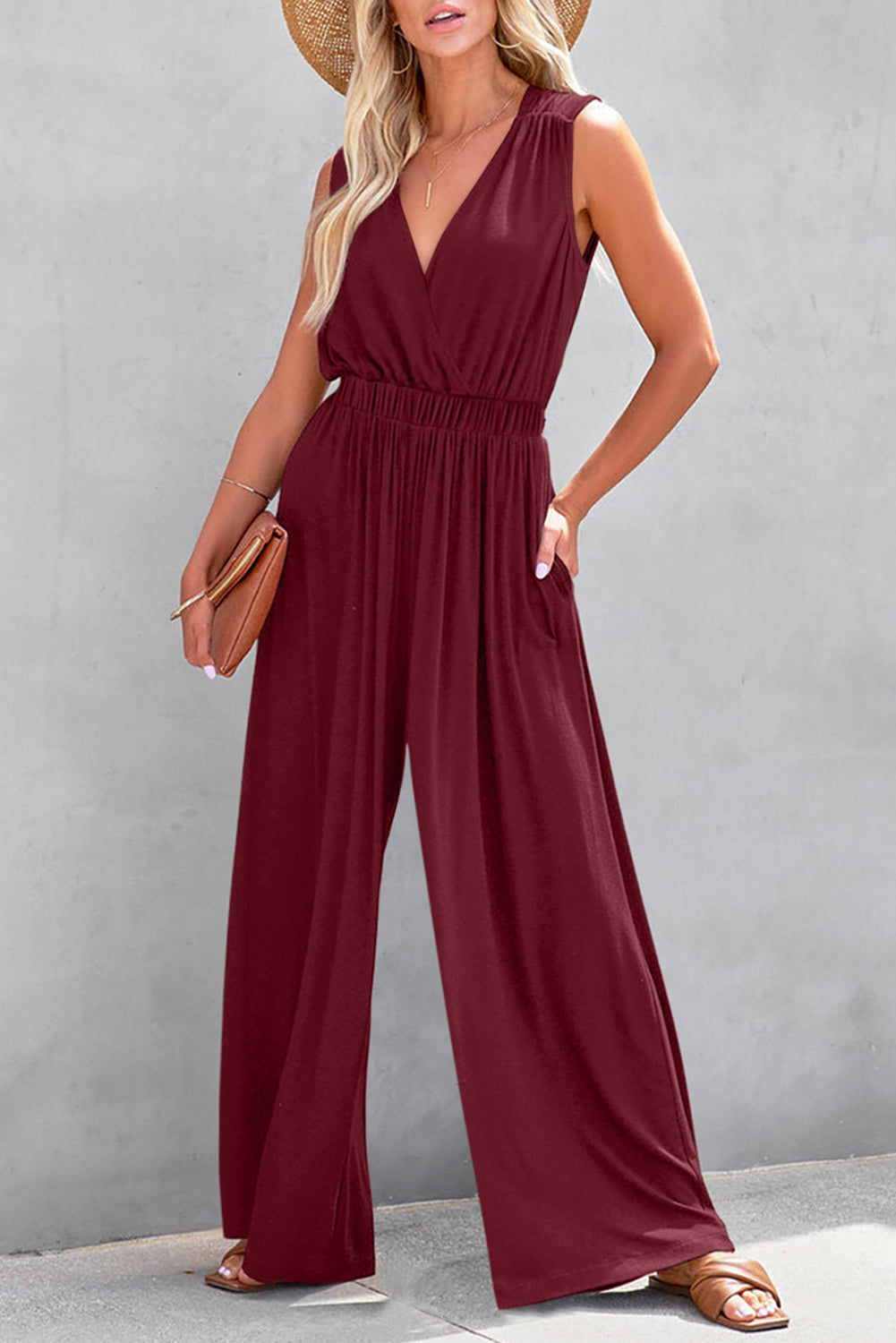 Burgundy Deep V Pleated Crisscross Wide Leg Backless Jumpsuit