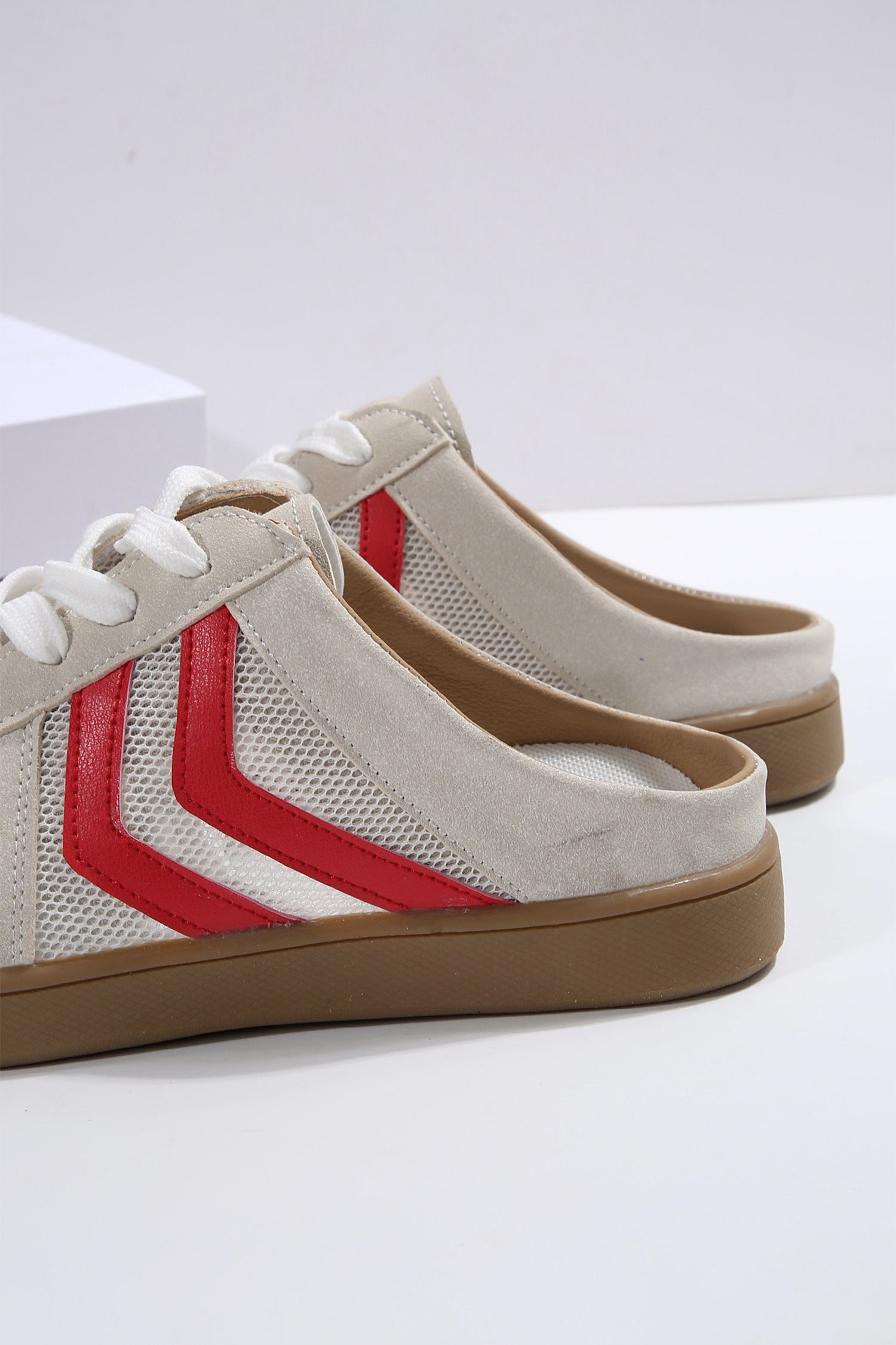Fiery Red Mesh PU Leather Contrast Detail Low Back Slip On Shoes