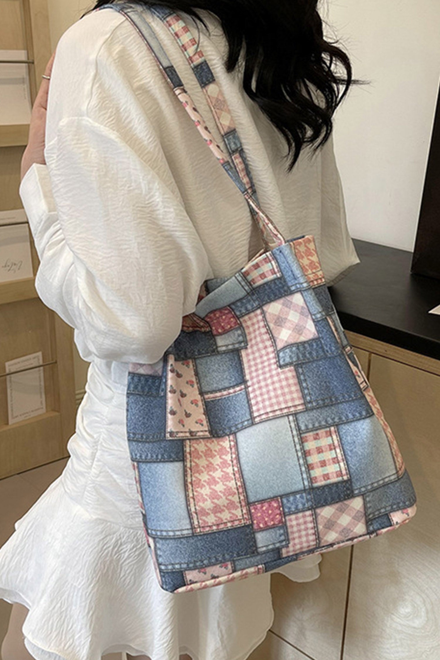 Pink Vintage Plaid Patchwork Print Canvas Tote Bag