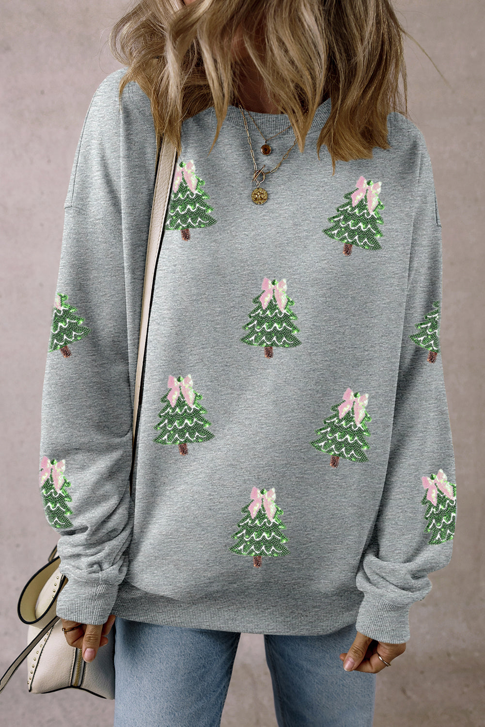 Light Grey Sequin Christmas Tree Graphic Drop Shoulder Pullover Sweatshirt