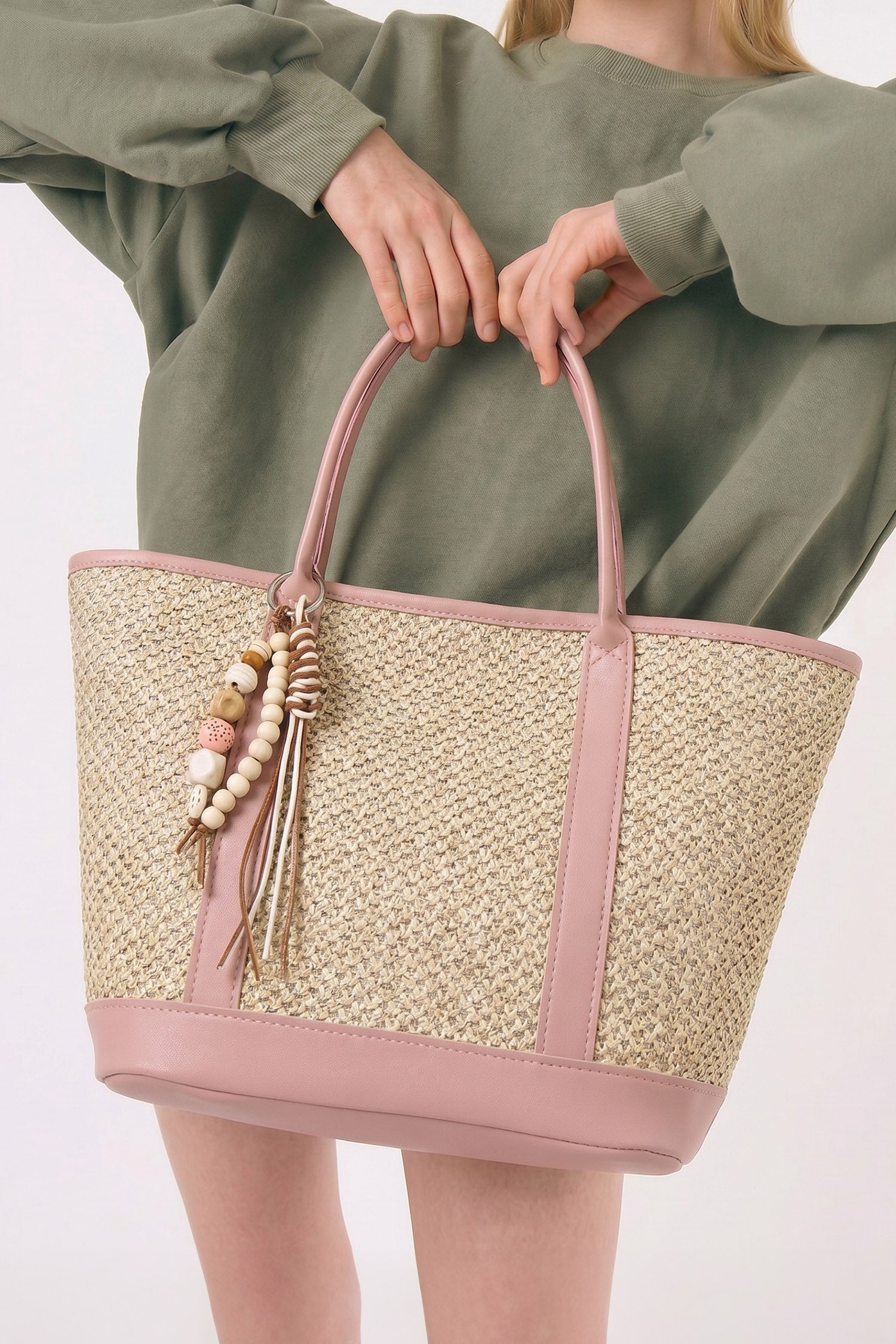 Pink Straw Woven Crochet Contrast Leather Trim Boho Tote Bag