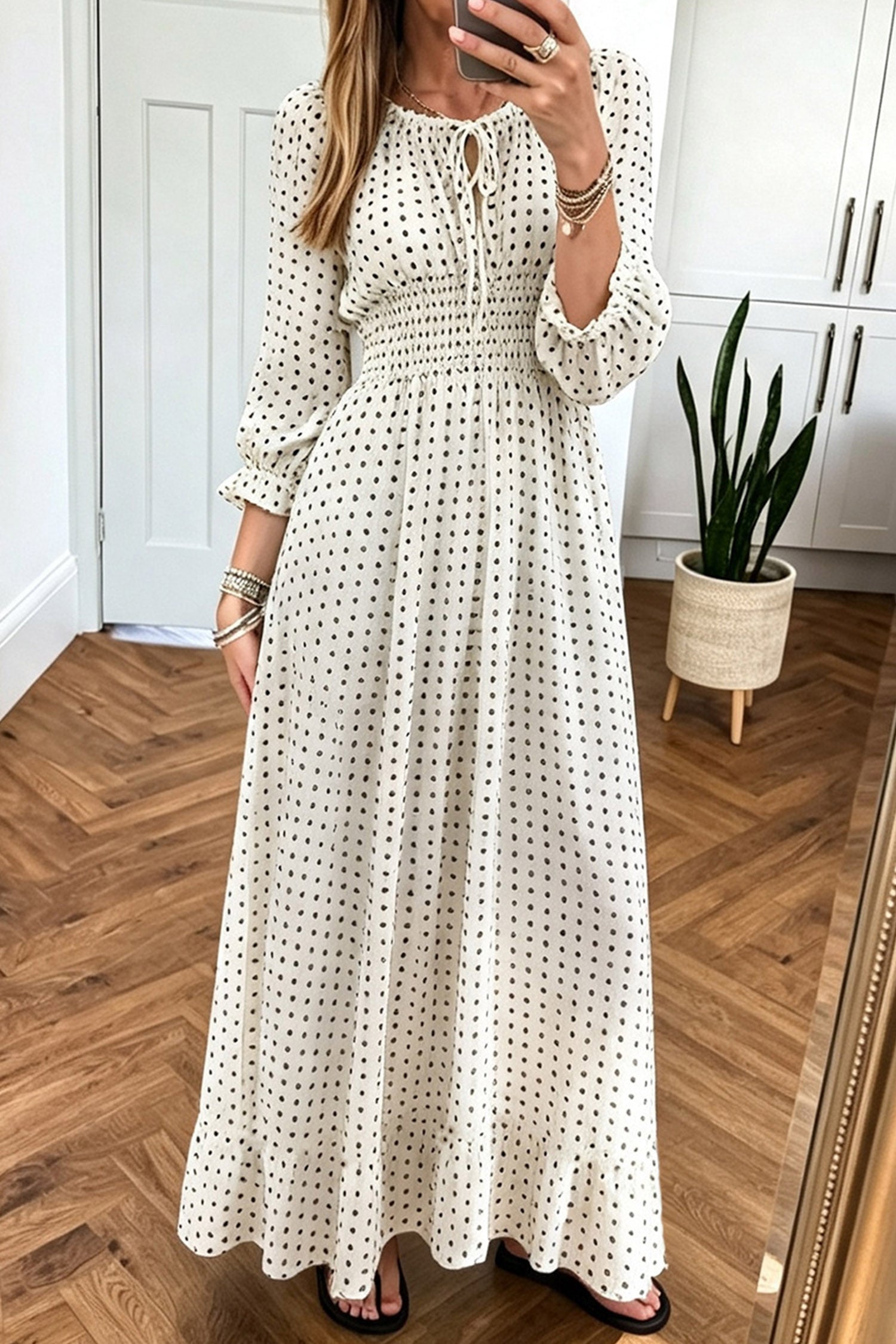 White Polka Dot Cinched Waist Long Sleeve Maxi Dress