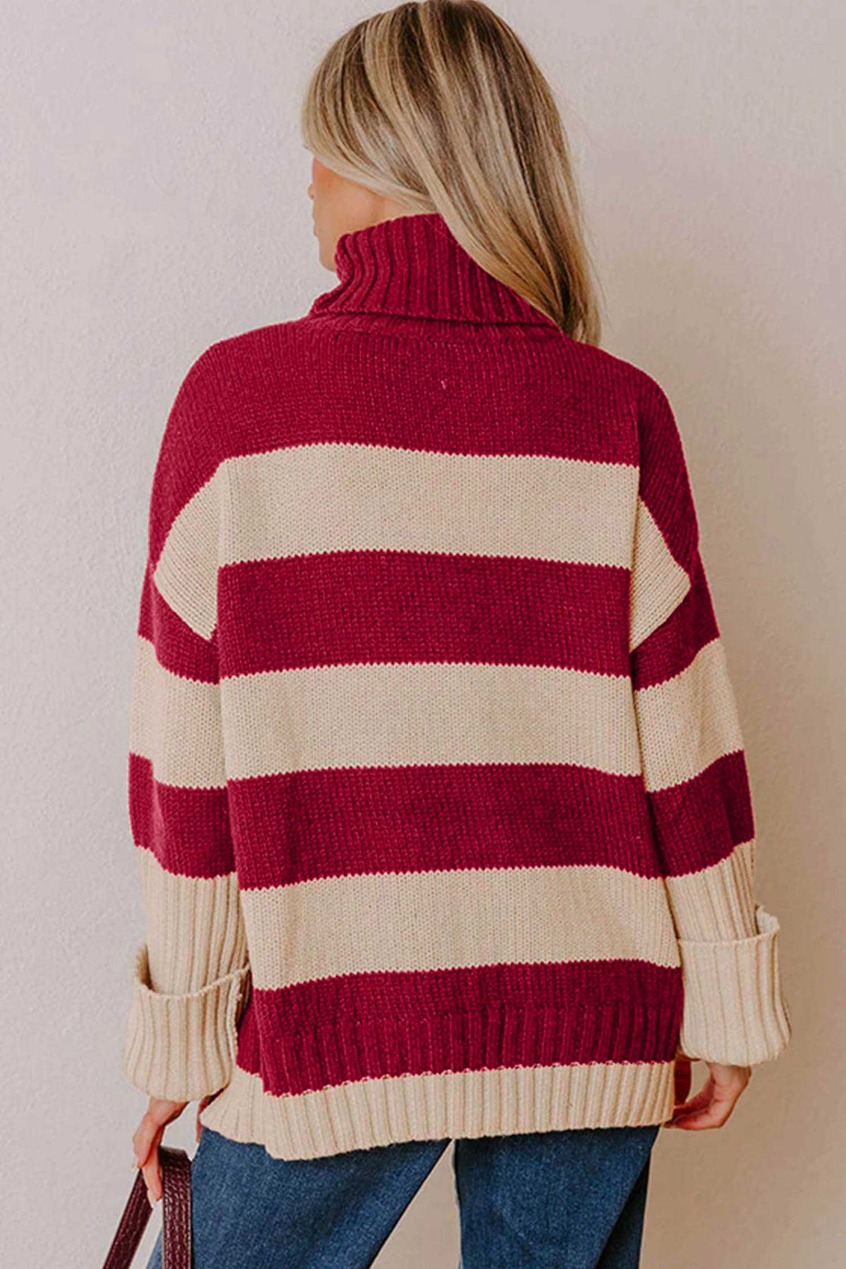 Red Stripe Ribbed Trim High Neck Relaxed Pullover Sweater