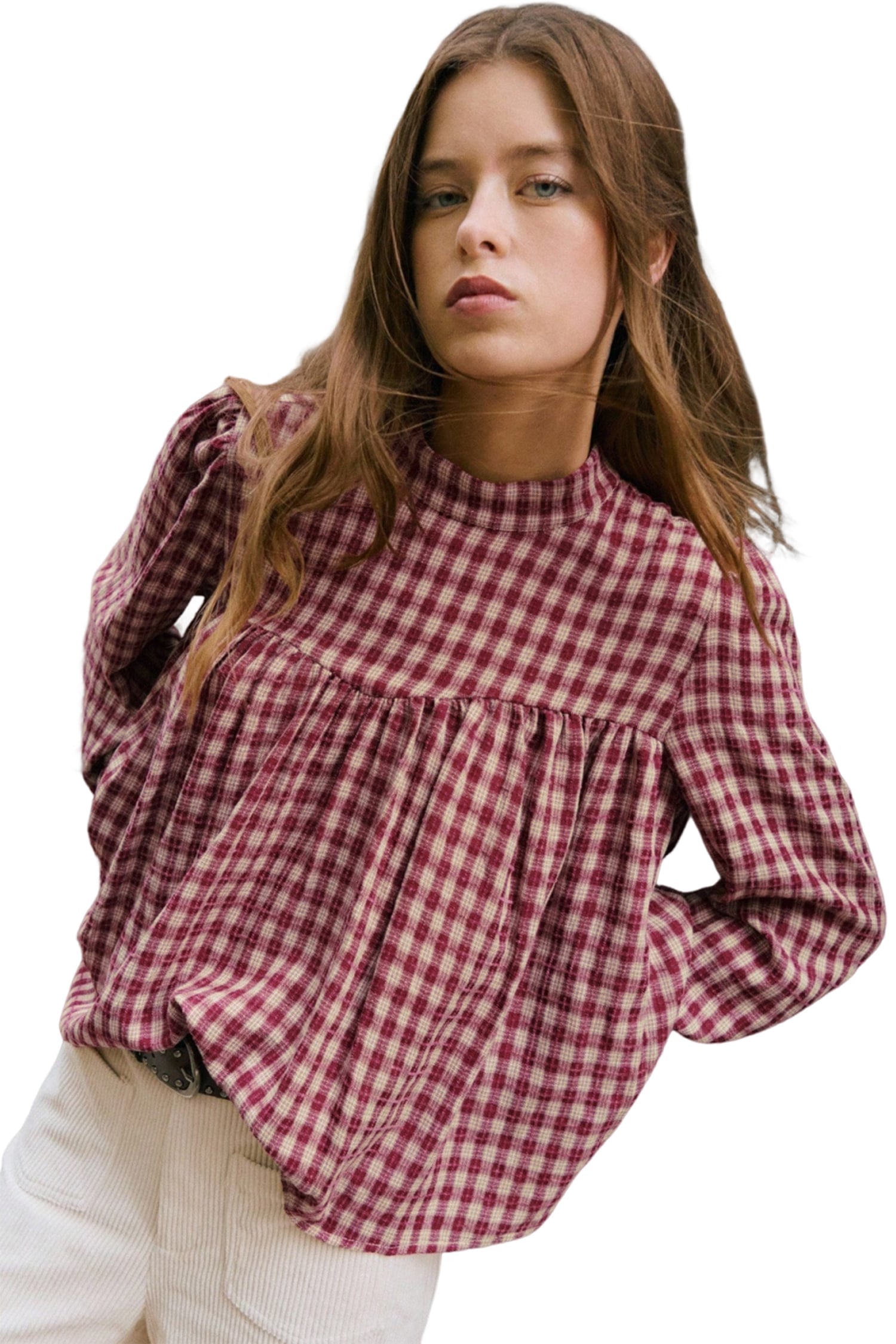 Coral Country Plaid Long Sleeve Button Keyhole Pleated Loose Blouse