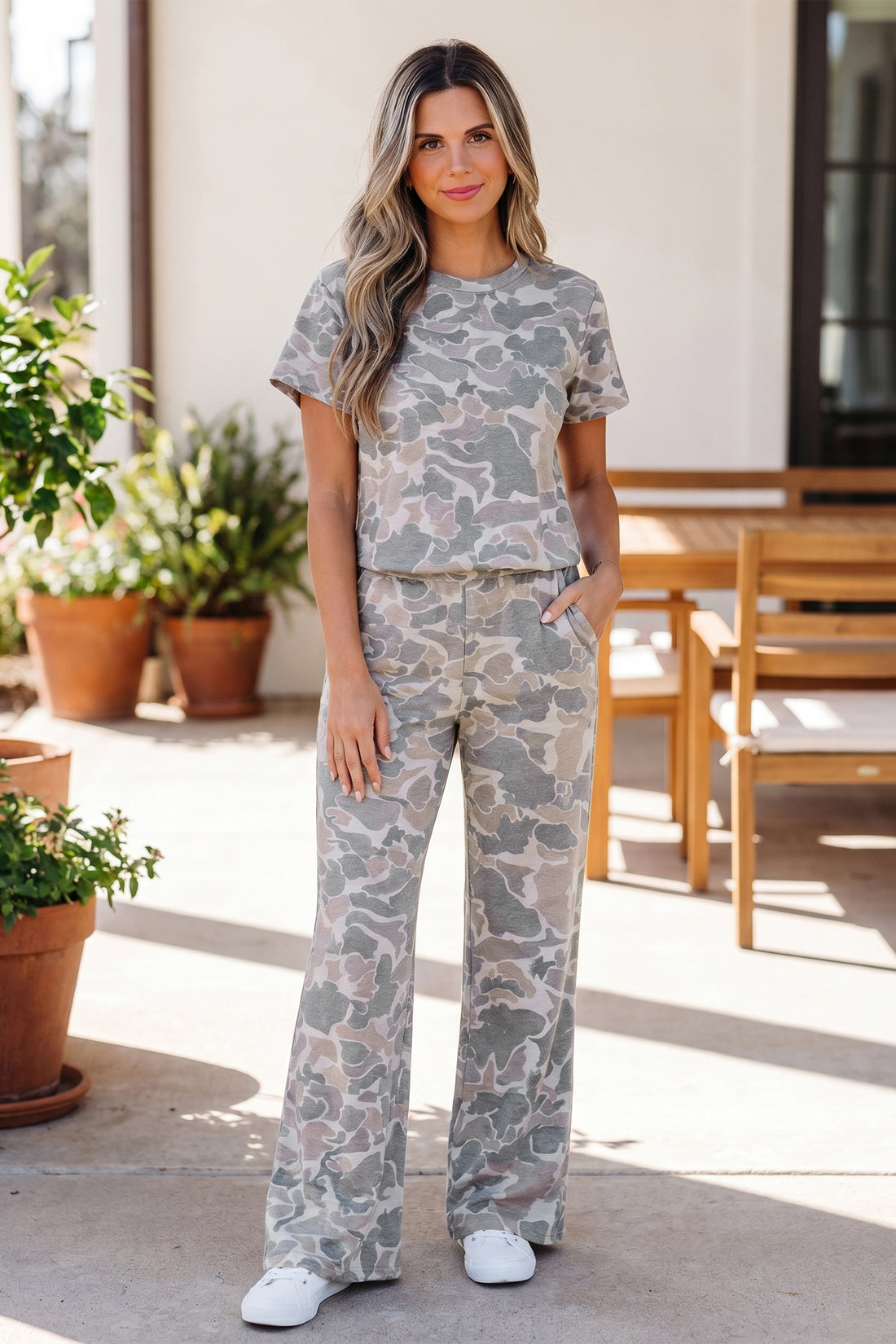 Multicolour Camouflage Short Sleeve Top and High Waist Wide Leg Pants Set