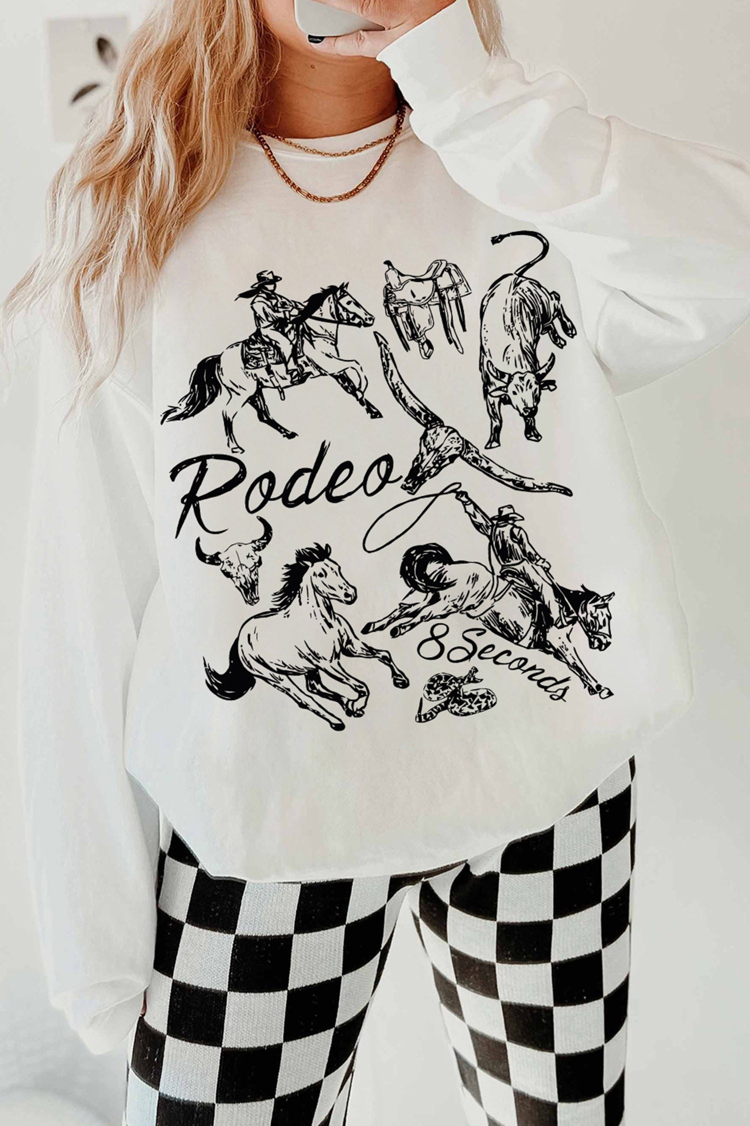 White Rodeo 8 Seconds Western Print Casual Graphic Sweatshirt
