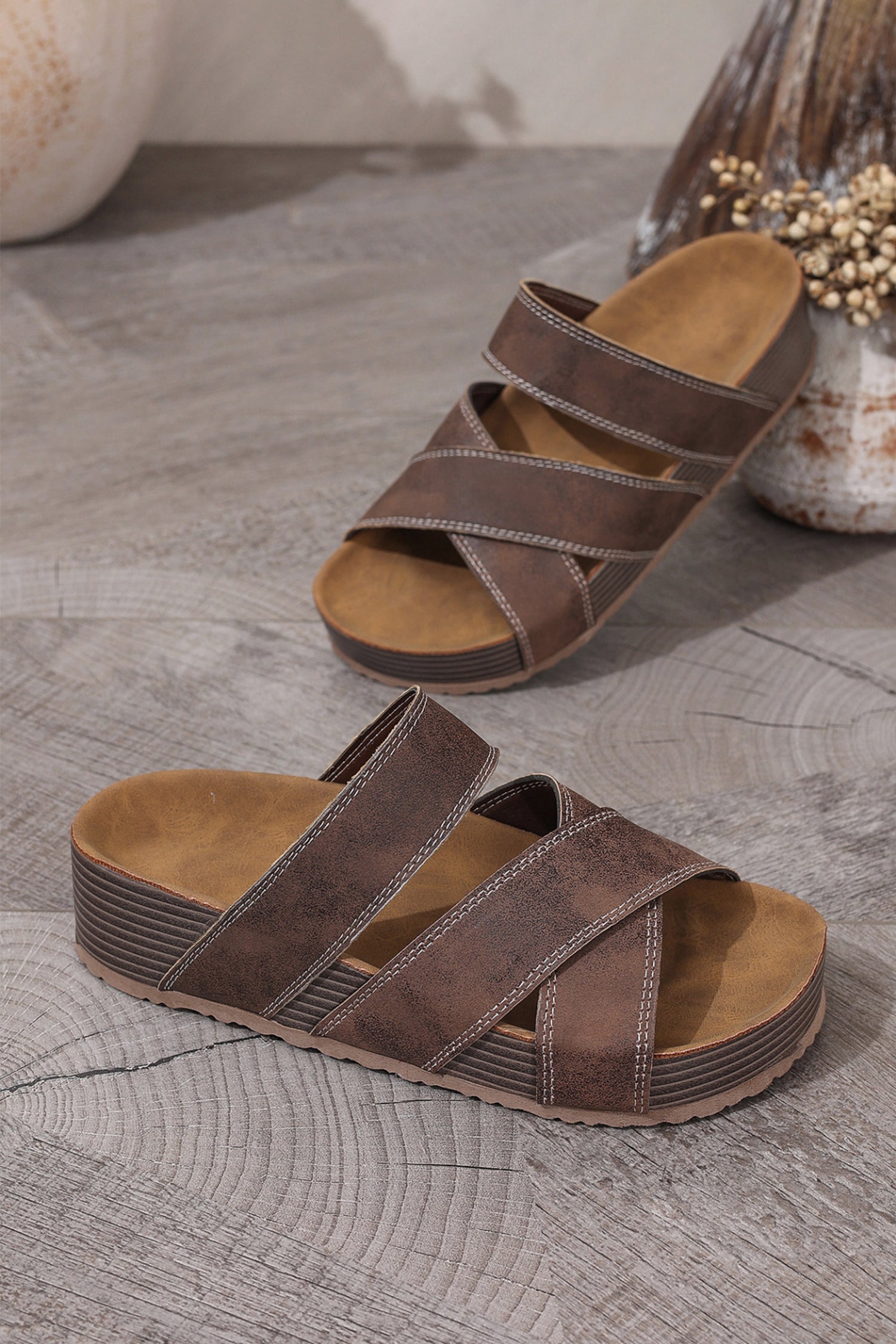 Coffee Contrast Stitch Crossed Band Retro Platform Slippers