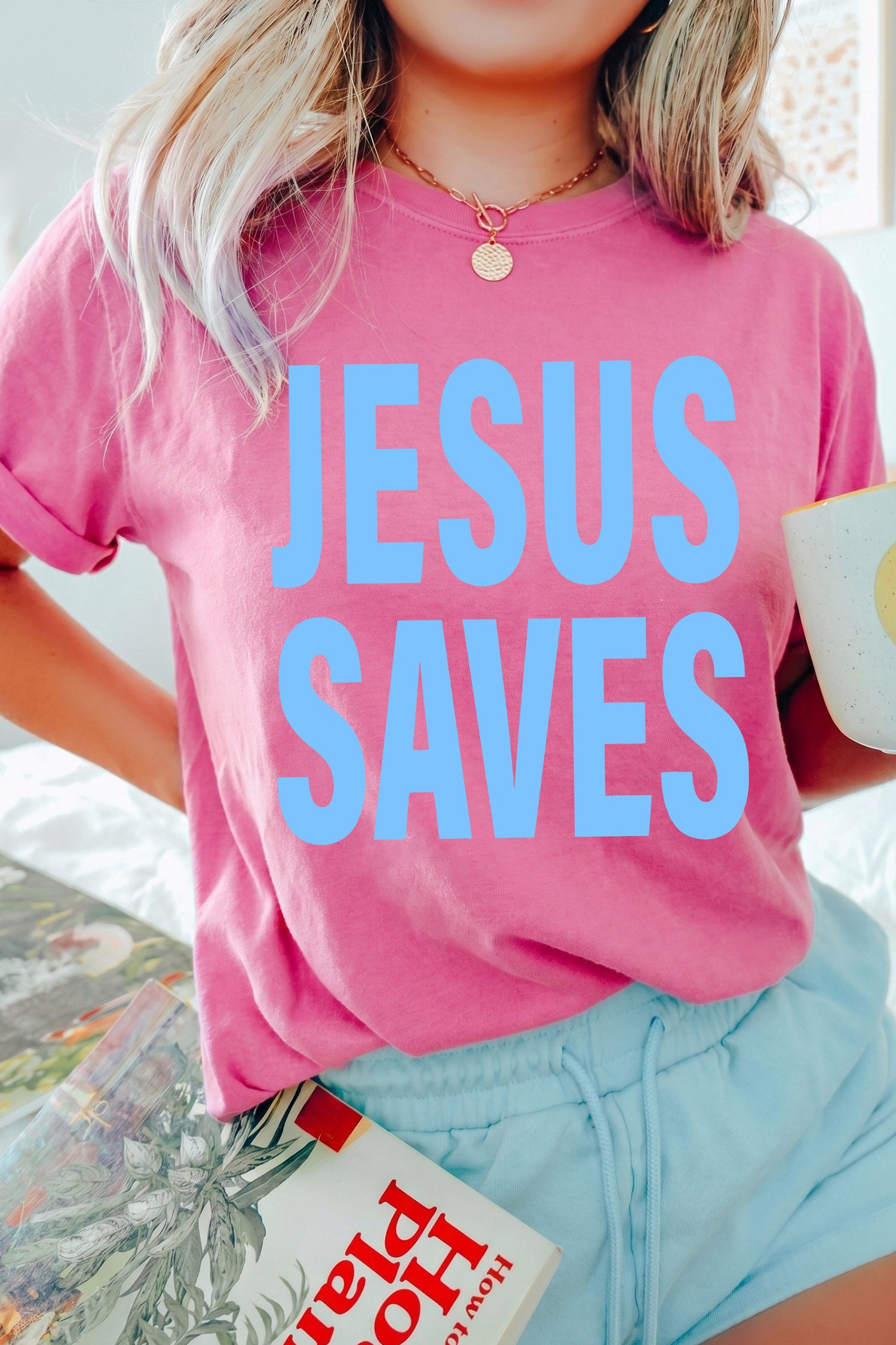 Sachet Pink JESUS SAVES Heat Transferring Print Graphic T Shirt