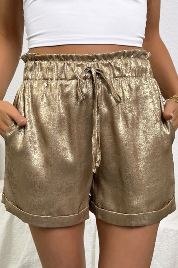 Gold Metallic Luster Tie Elastic Waist Cuffed Hem Shorts
