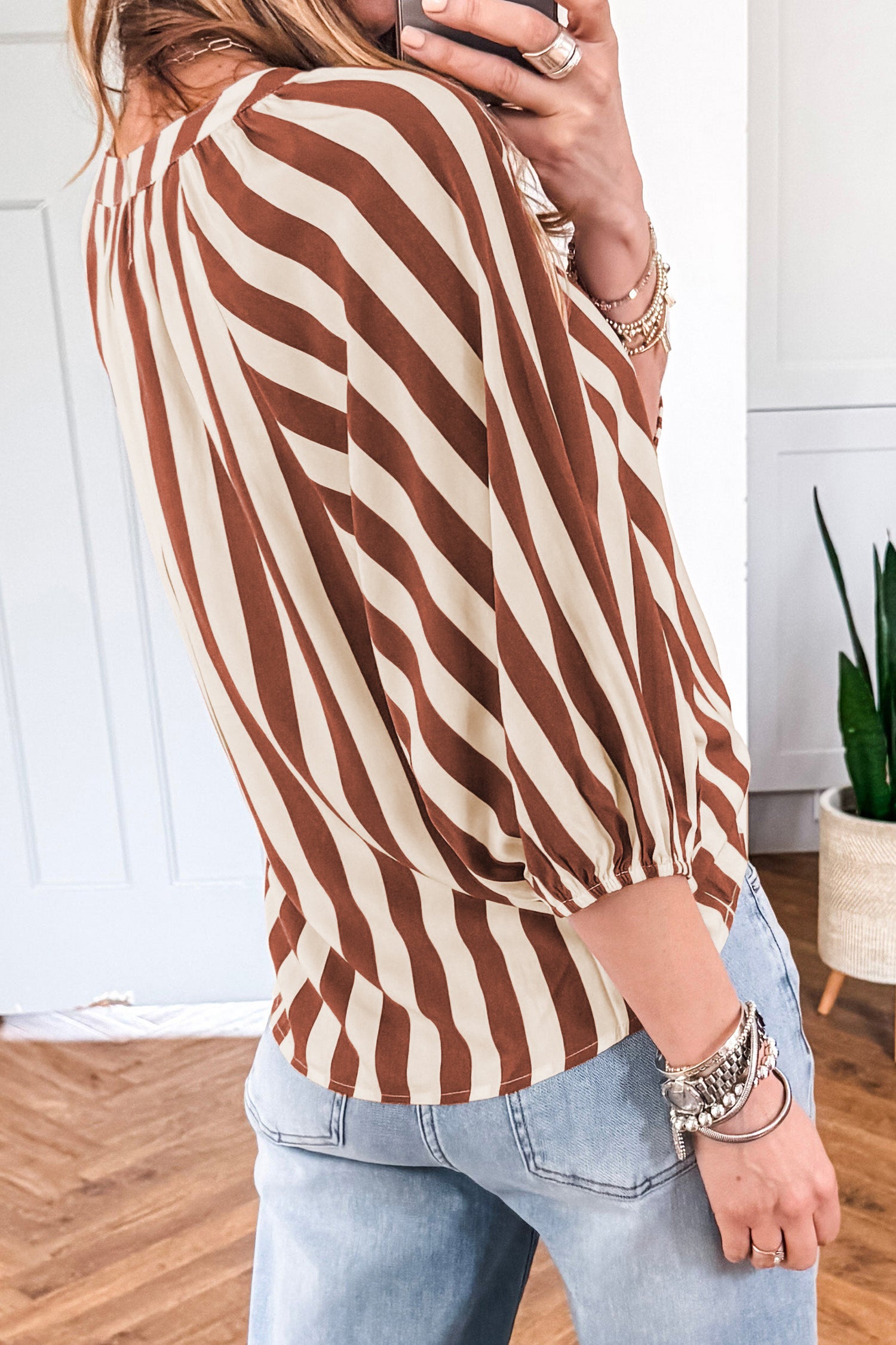 Brown Stripe V Neck Half Sleeve Casual Blouse