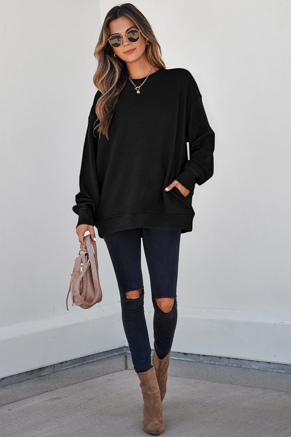 Black Solid Color Textured Round Neck Drop Shoulder Pullover Sweatshirt