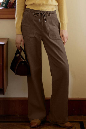 Coffee Tie Elastic Waist Soft Corduroy Pants