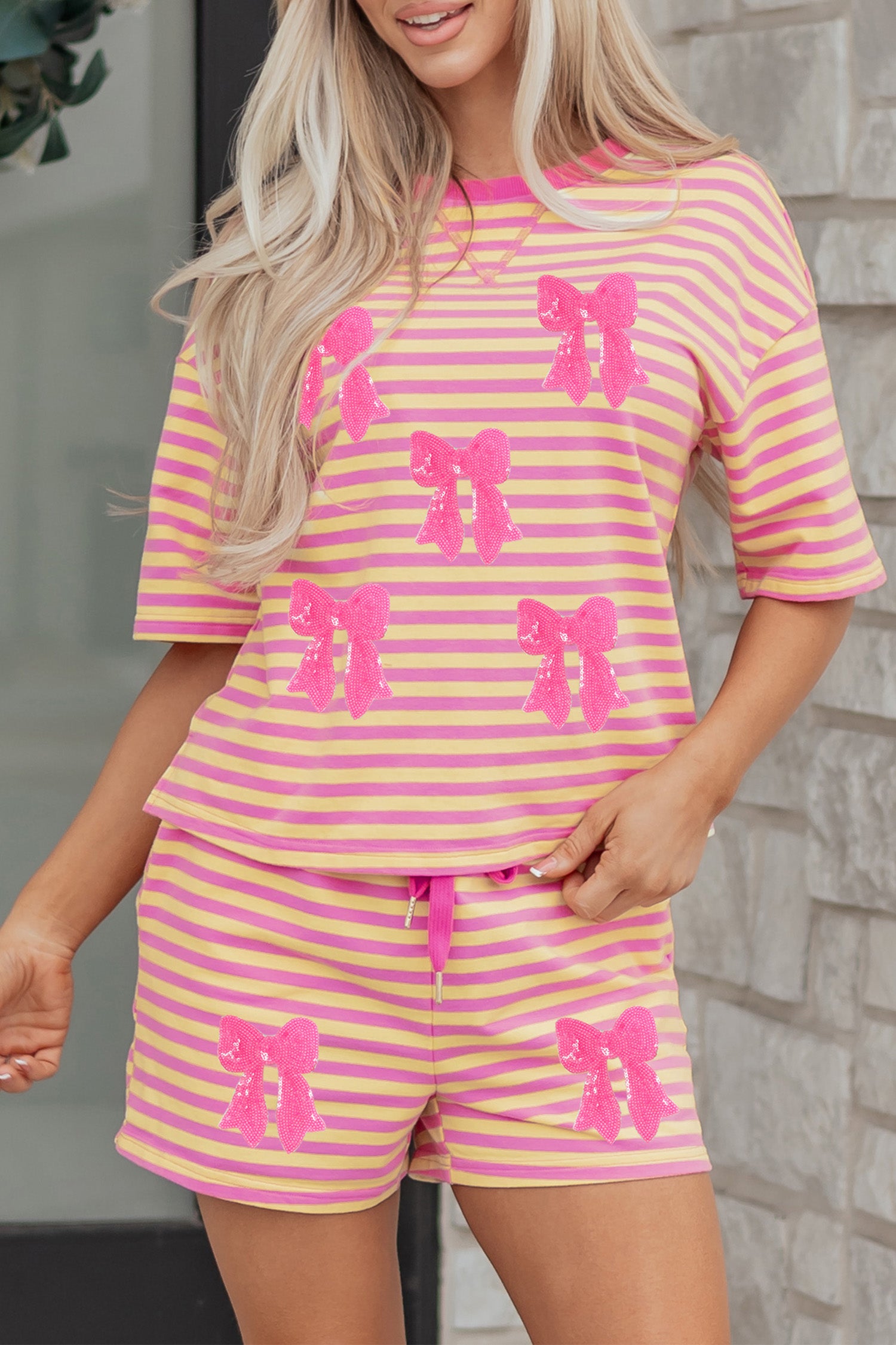 Rose Stripe Sequin Bow Short Two Piece Set
