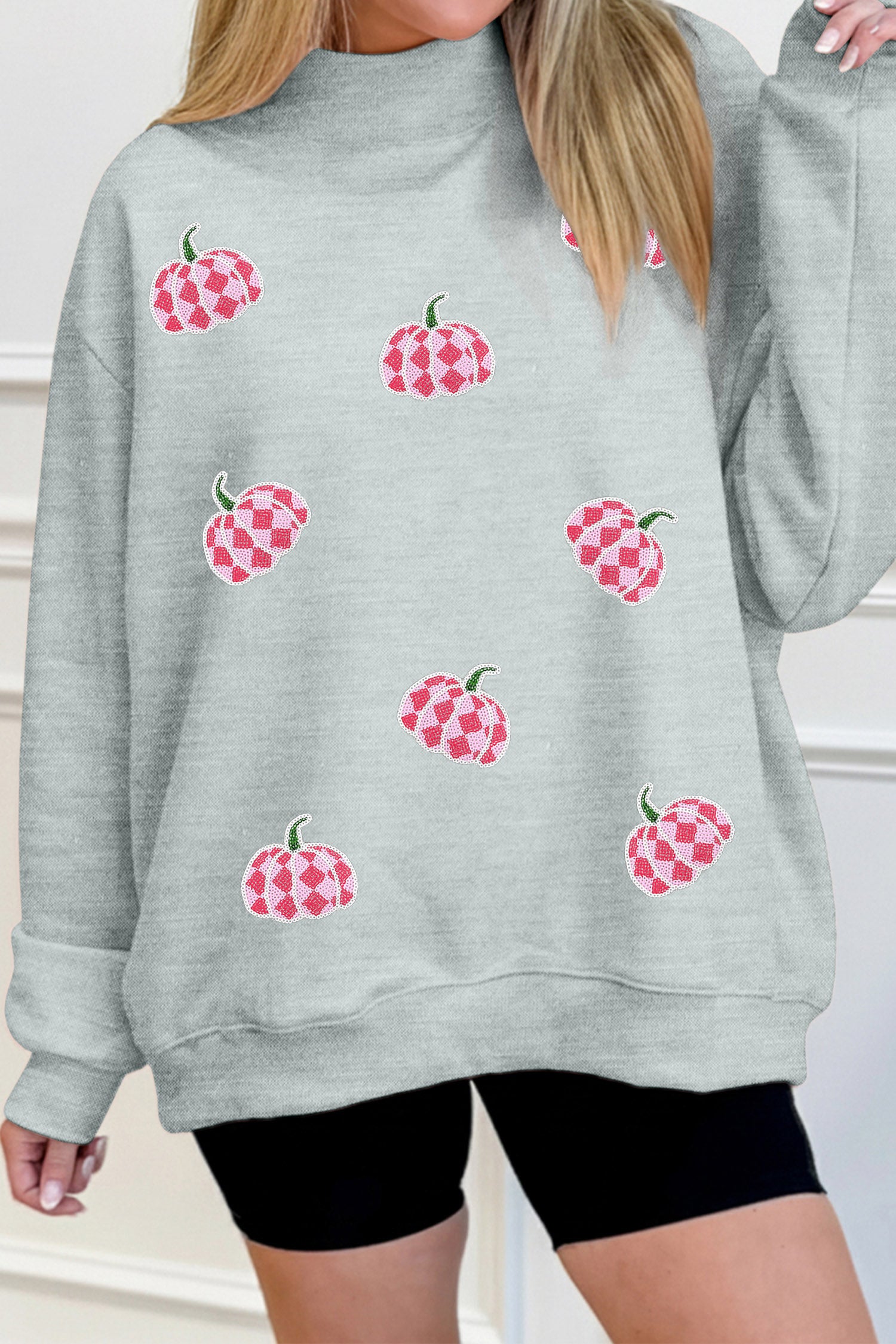 Gray Sequined Pumpkin Graphic Mock Neck Baggy Pullover Sweatshirt