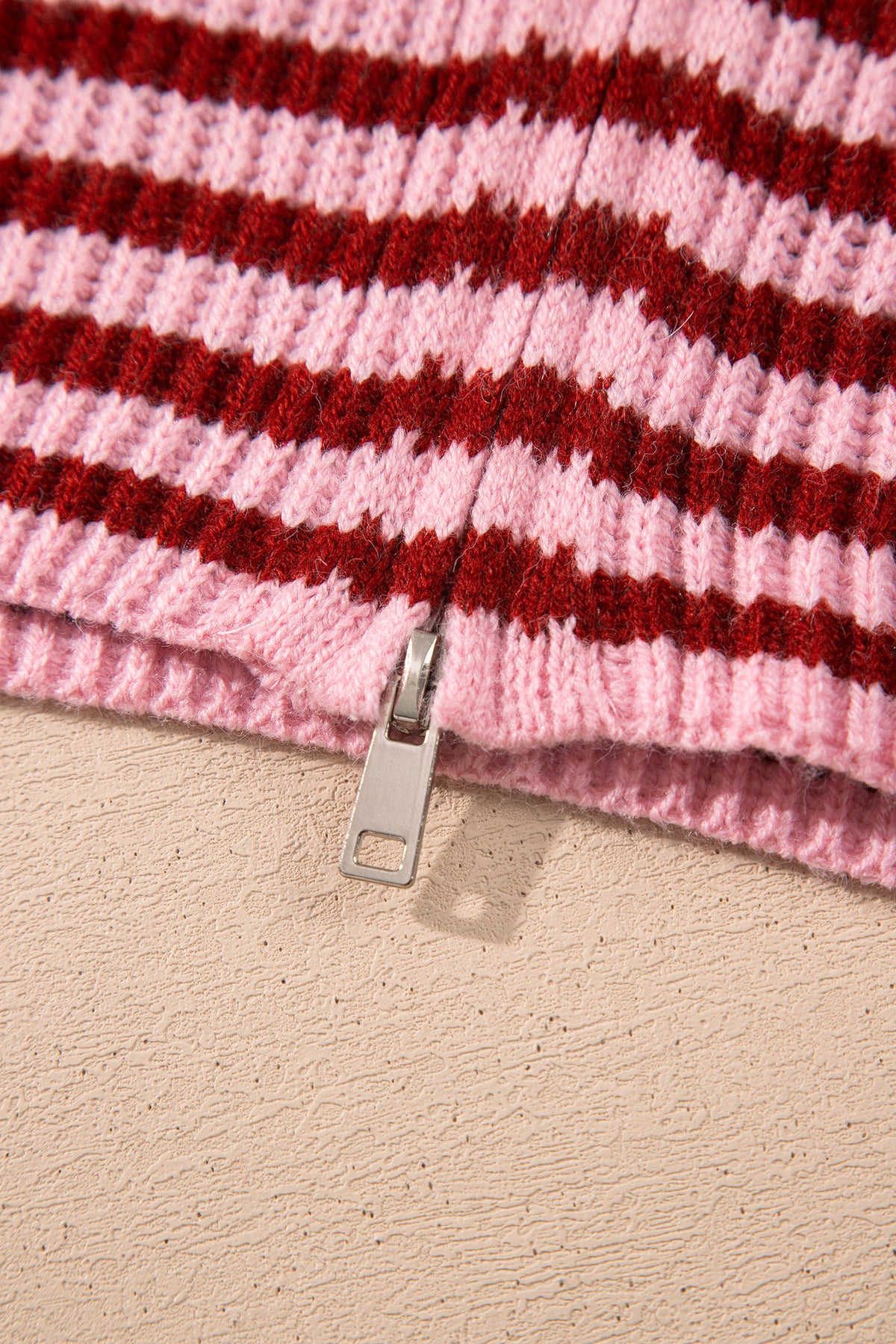 Red Stripe Striped High Neck Zip-up Sweater Long Sleeve Casual Fit Drop Shoulder Open Front Cardigan
