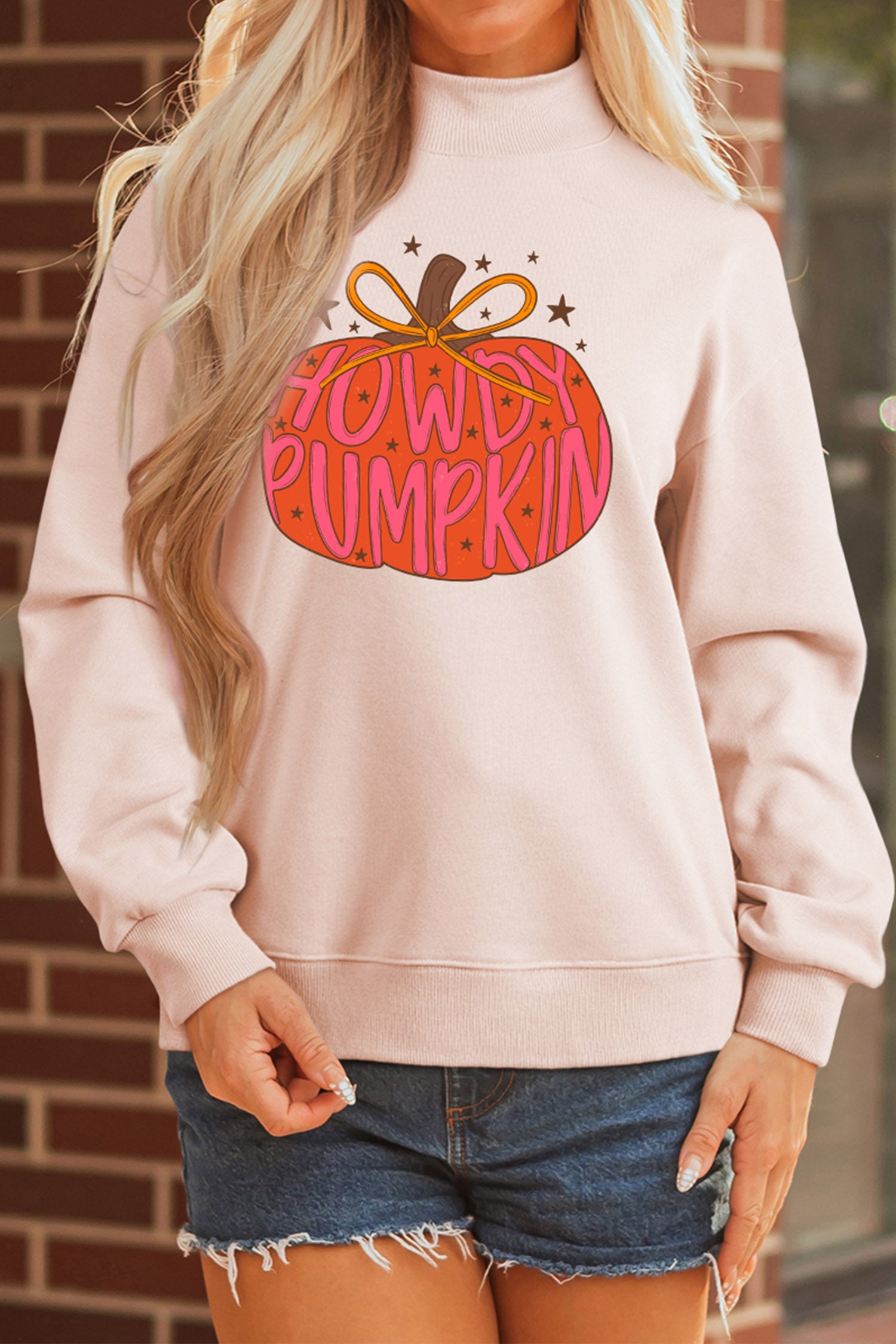Light Pink Blessed Pumpkin Graphic Mock Neck Sweatshirt