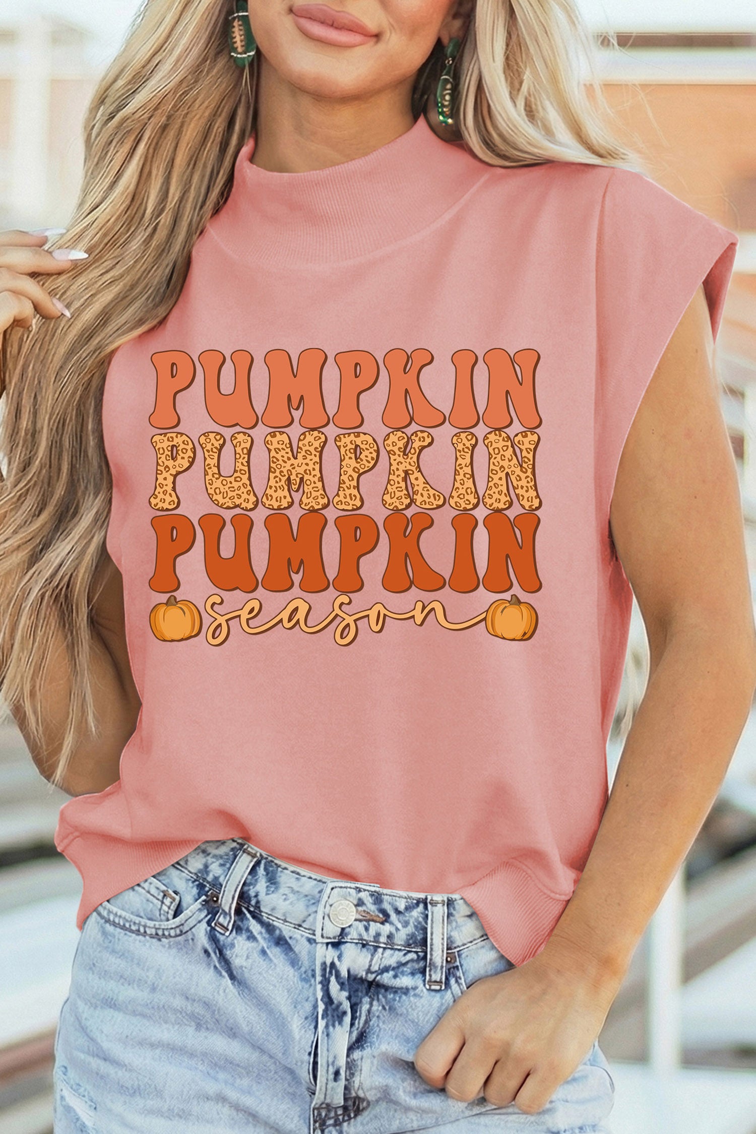 Pink Pumpkin Season Print Graphic Mock Neck T Shirt