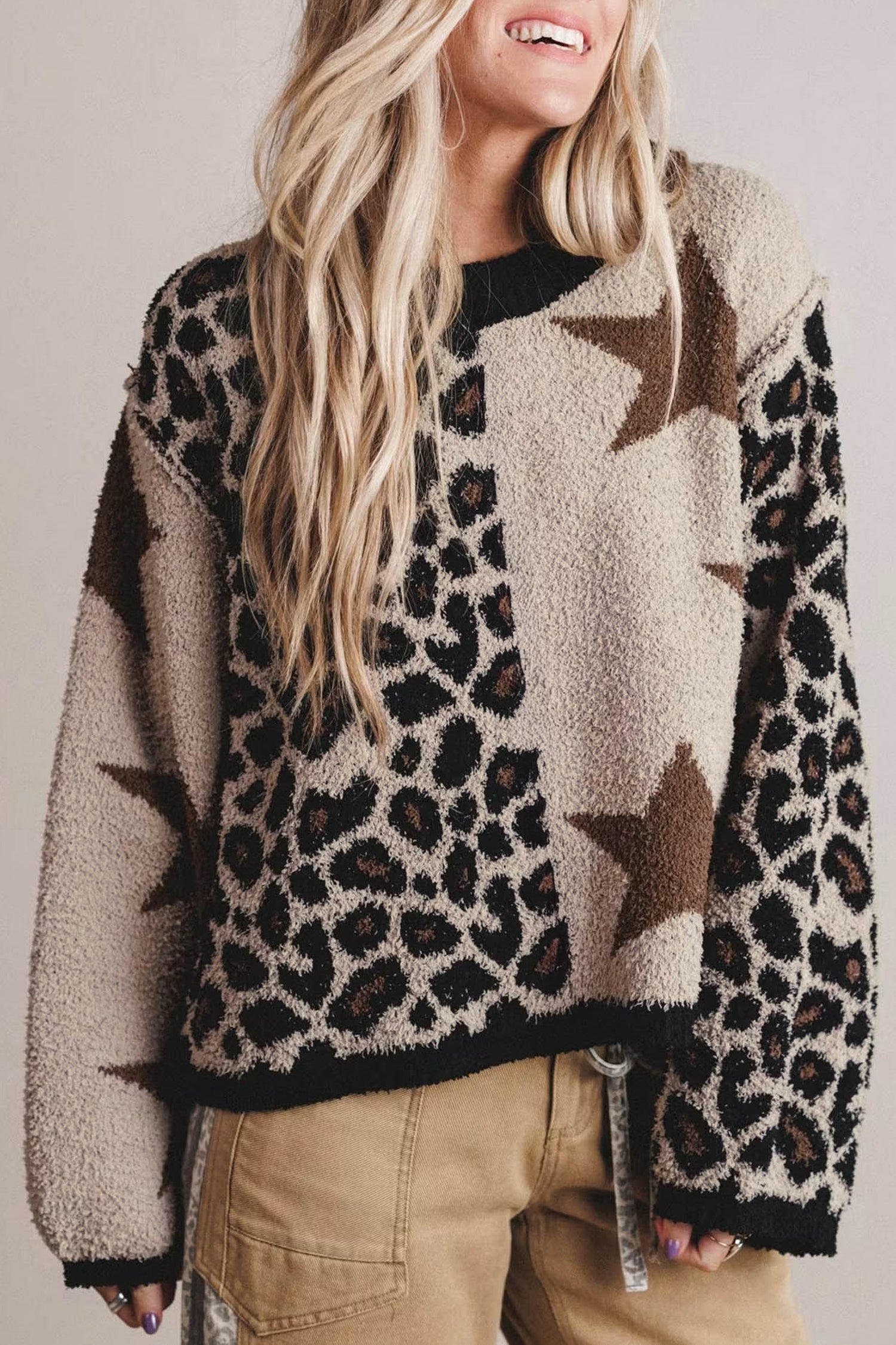 Smoke Gray Leopard Star Pattern Round Neck Long Sleeve Shift Sweater