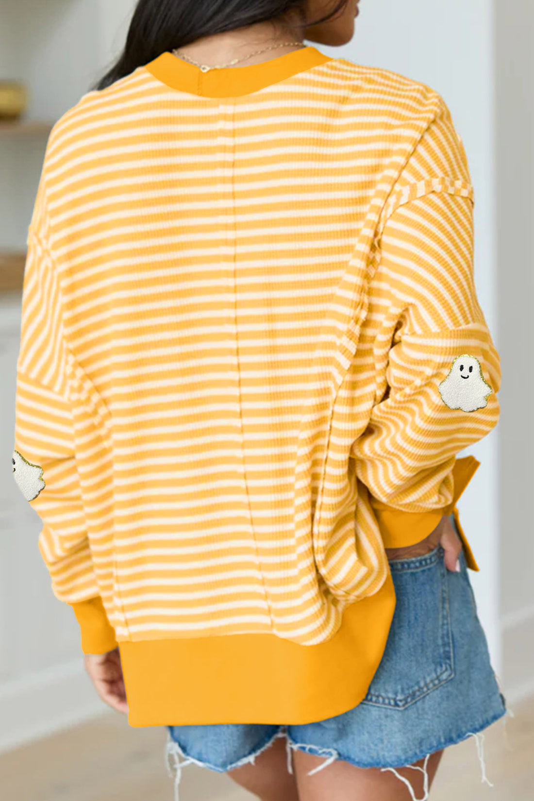 Khaki Stripe Halloween Ghost Patch Round Neck Long Sleeve Top