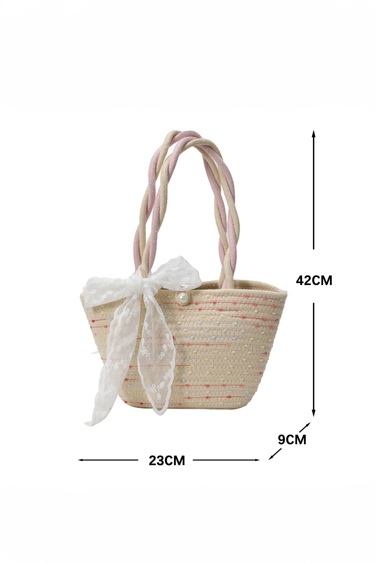 Parchment Boho Style Lace Bow Detail Handcrafted Straw Tote Bag