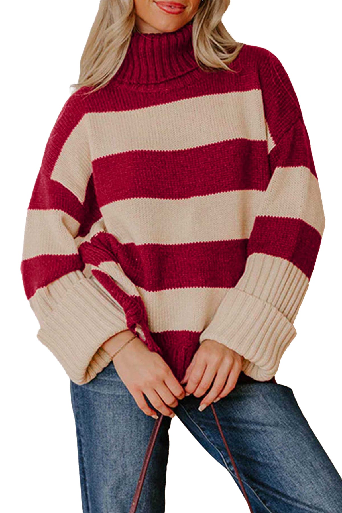 Red Stripe Ribbed Trim High Neck Relaxed Pullover Sweater