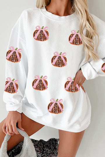 White Twisted Ribbed Sequin Bow Pumpkin Graphic Baggy Sweatshirt