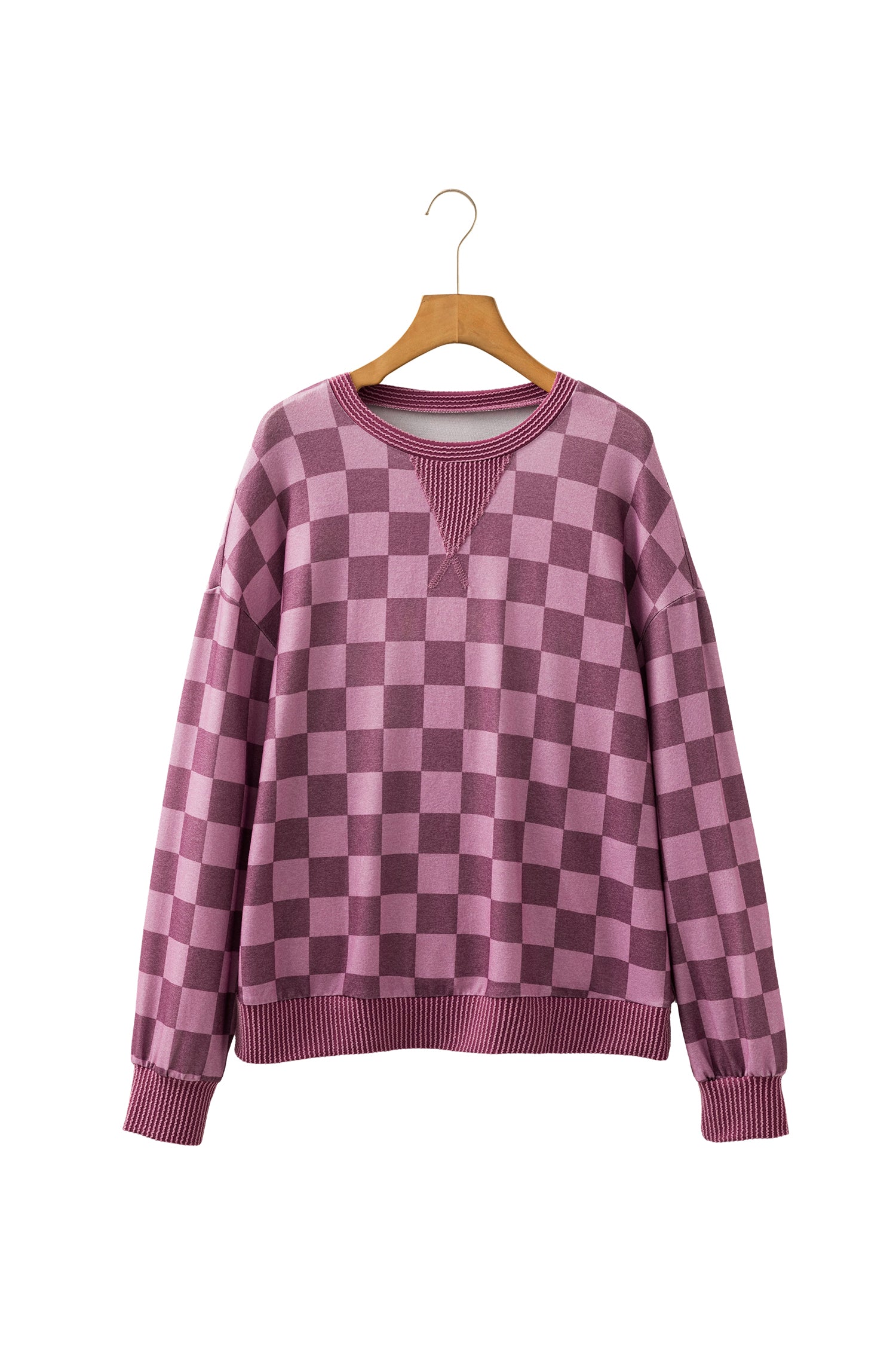 Red Ribbed Trim Checkered Print Long Sleeve Pullover Top