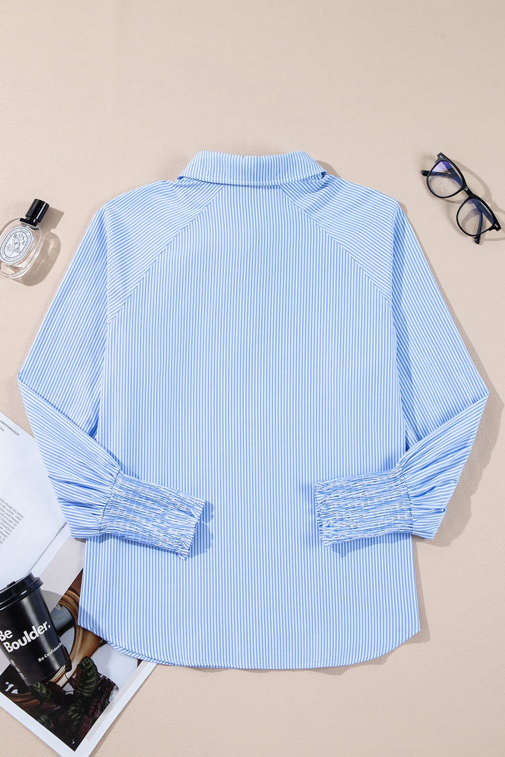 Sky Blue Stripe Pinstripe Long Sleeve Smocked Cuffs Button Shirt Collar Blouse