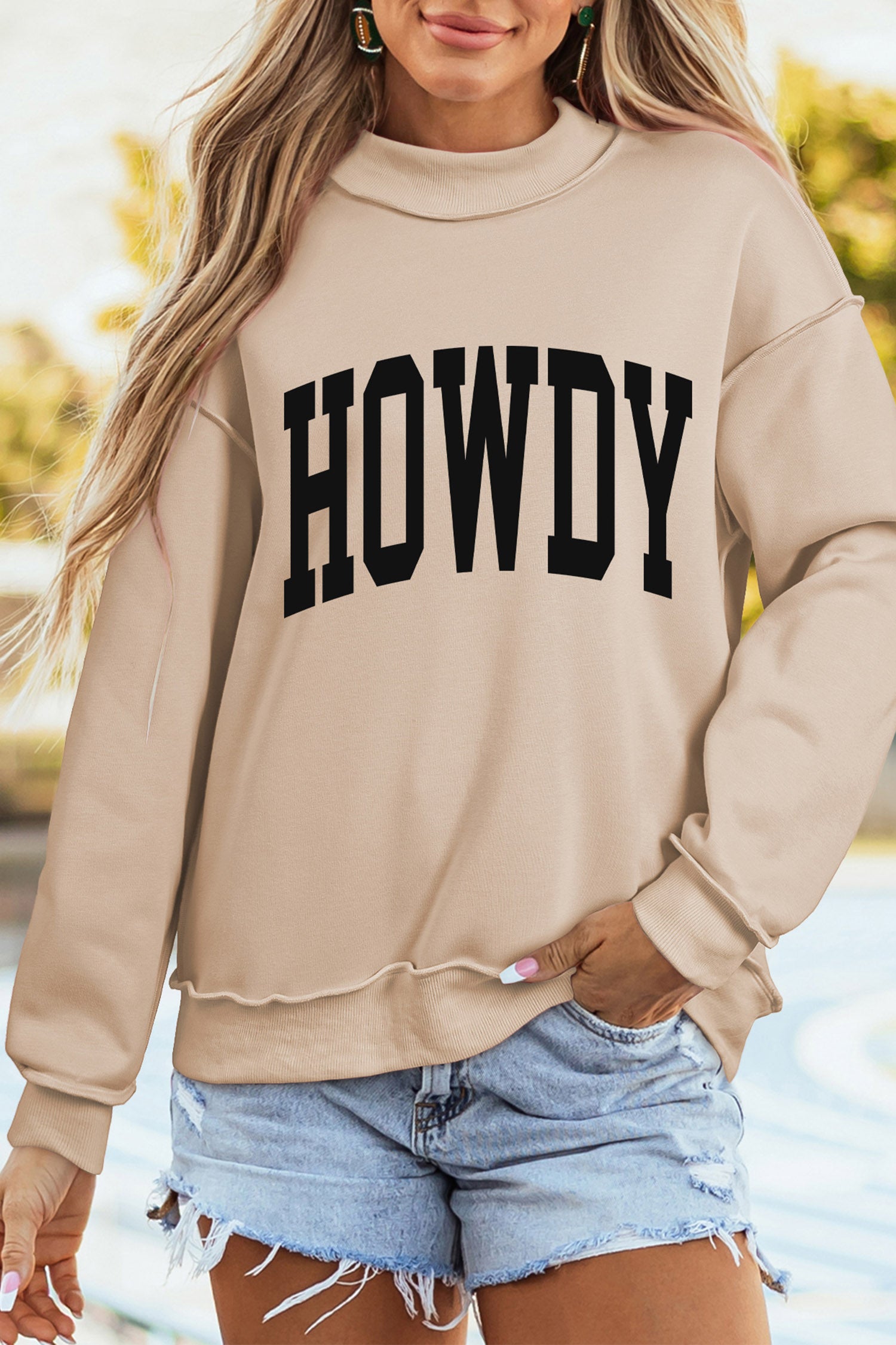 Apricot HOWDY/ YEEHAW Double Side Printed Mock Neck Western Reversible Sweatshirt