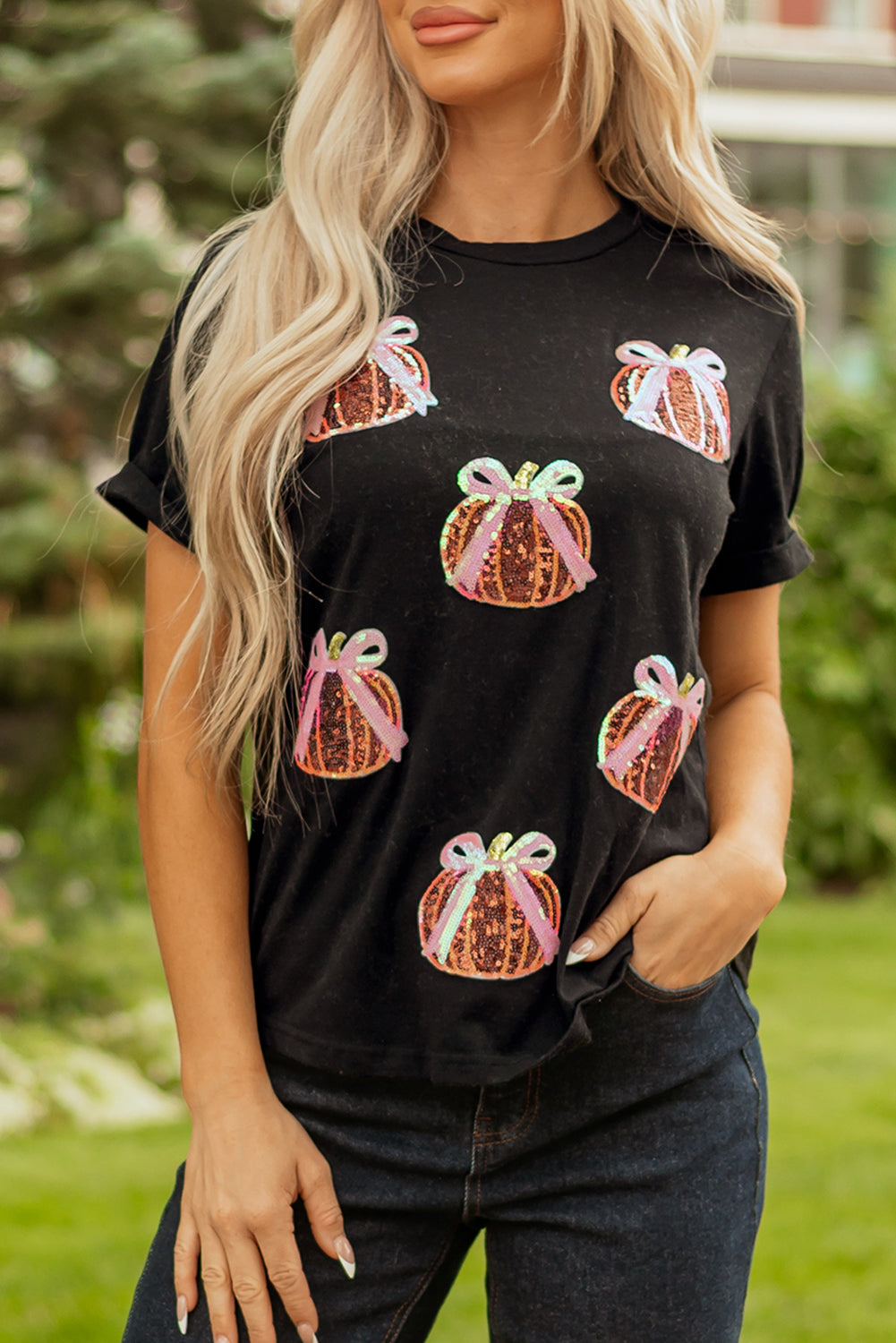 Black Sequin Bow Pumpkin Patched Cotton Blend T Shirt