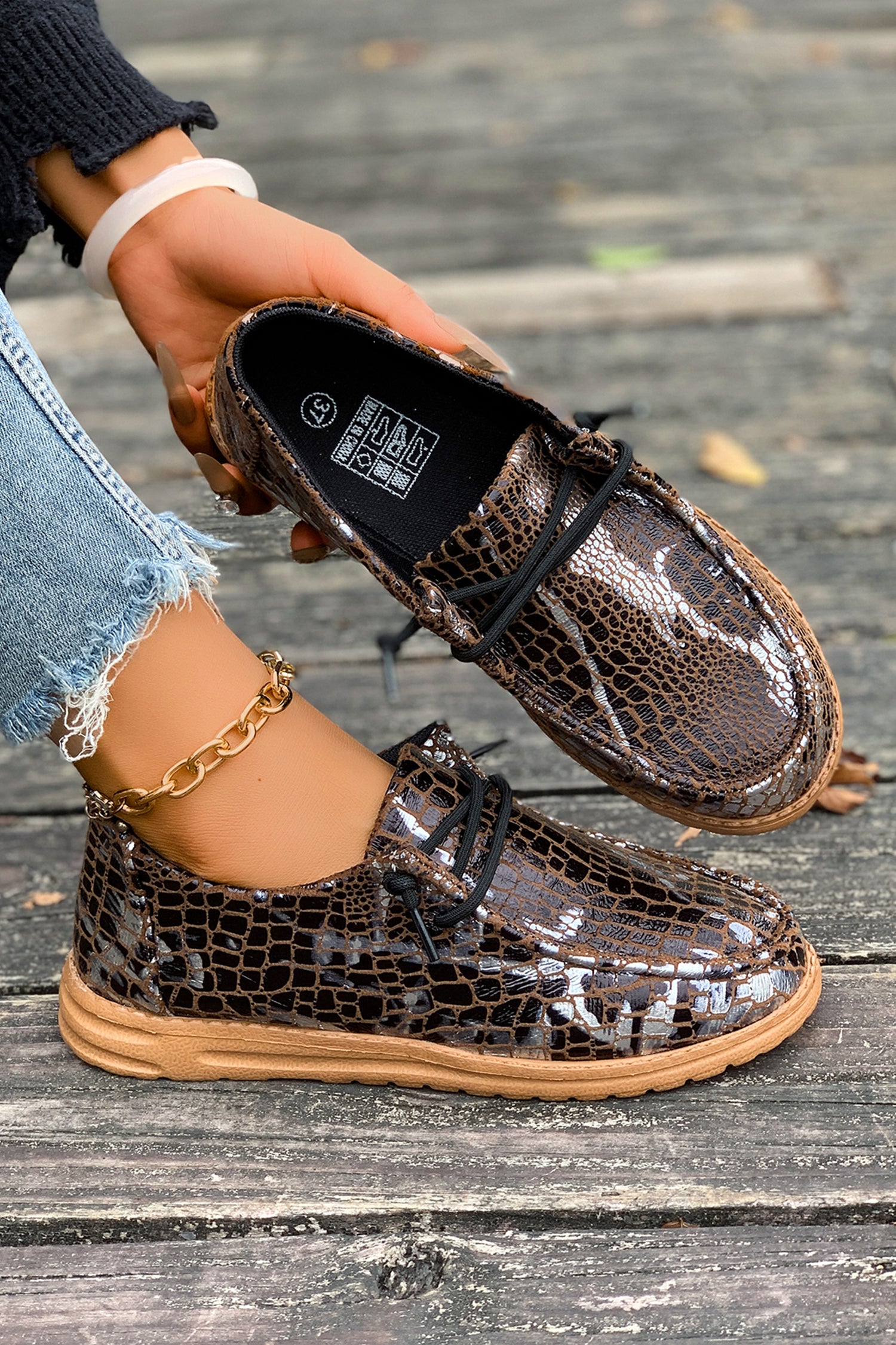 Coffee Sleek Snake Skin Print Lace-up Detail Comfort Loafer Shoes