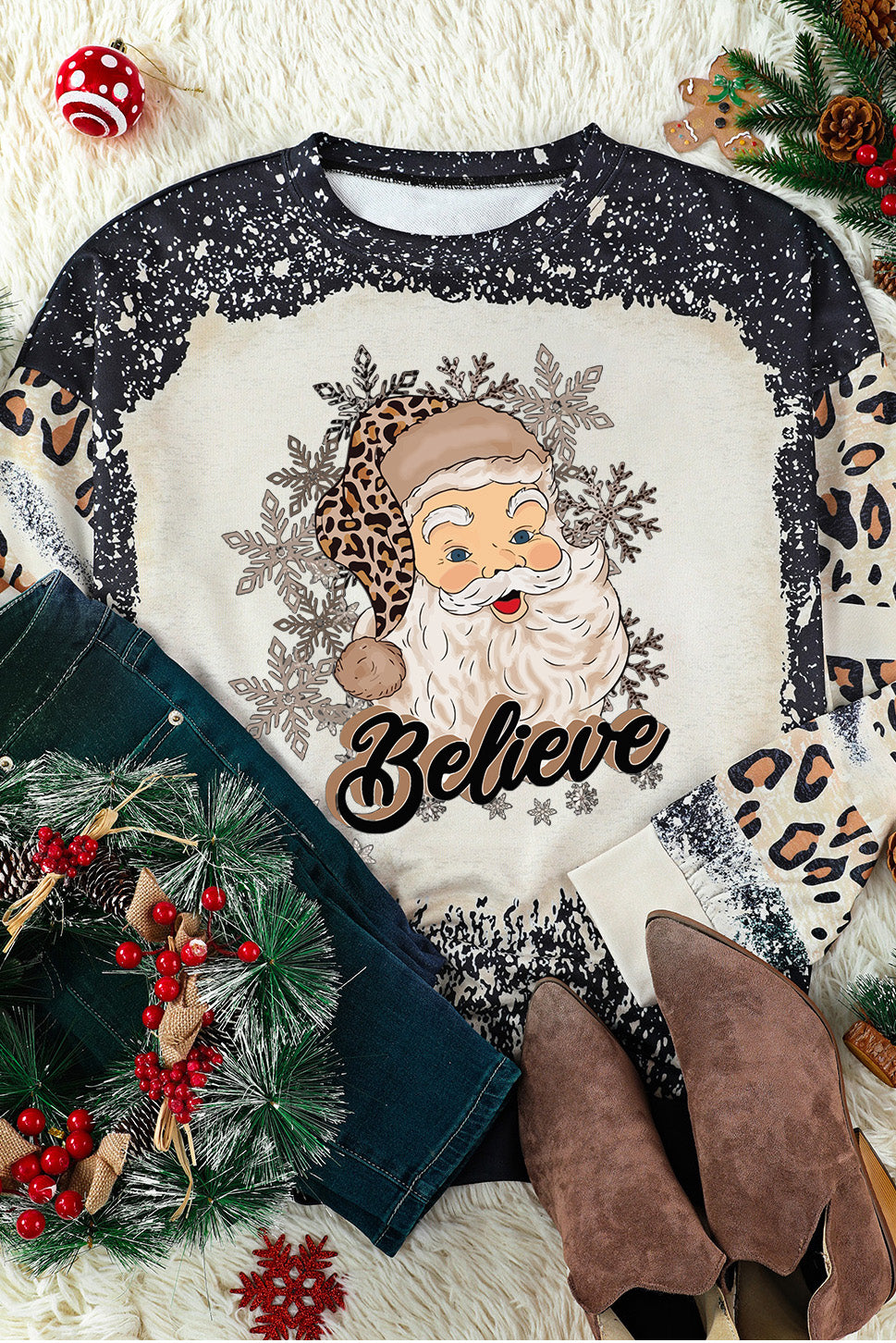 Black Believe Santa Claus Bleach Print Graphic Sweatshirt