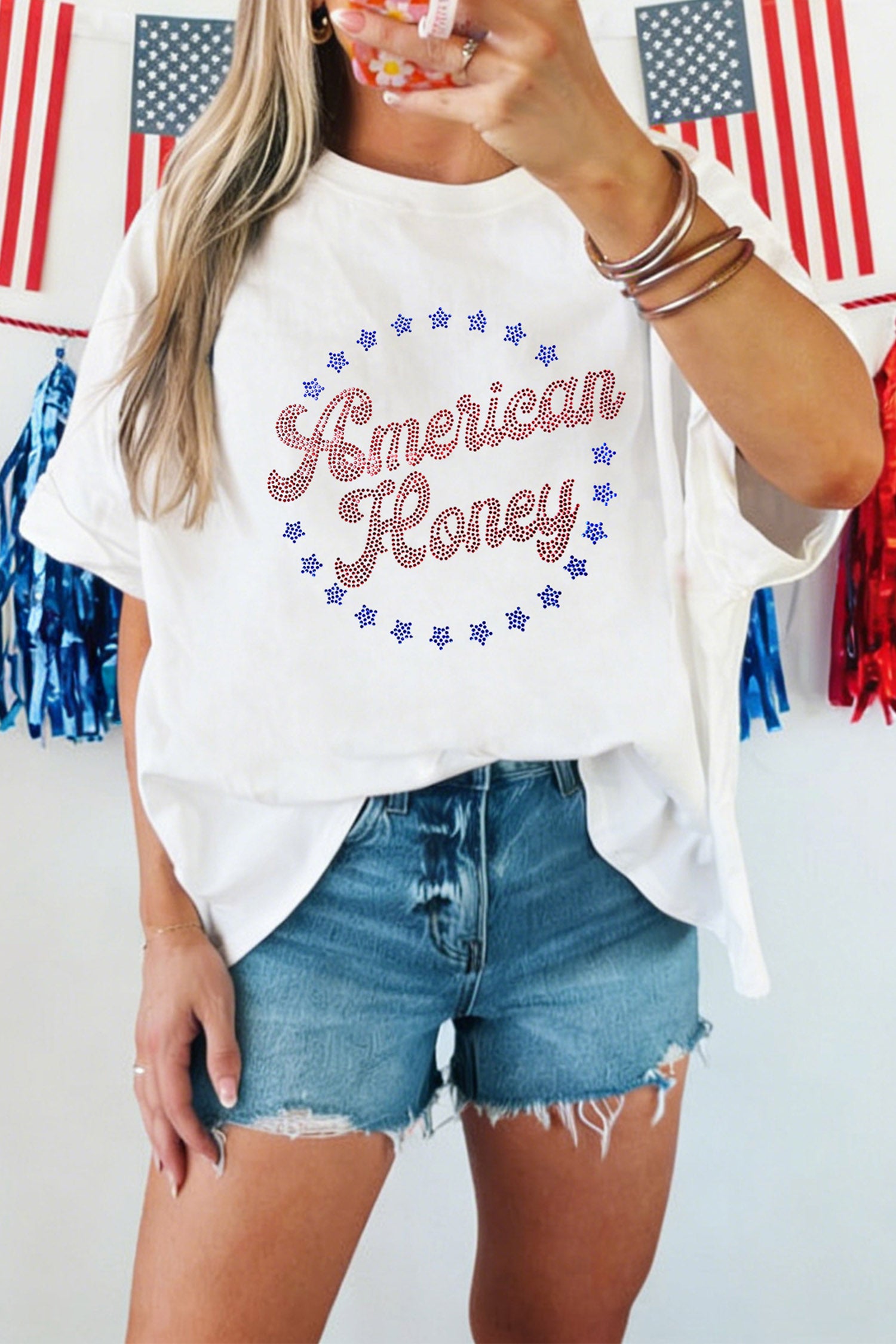 White Patriotic American Honey Rhinestone Graphic T-Shirt