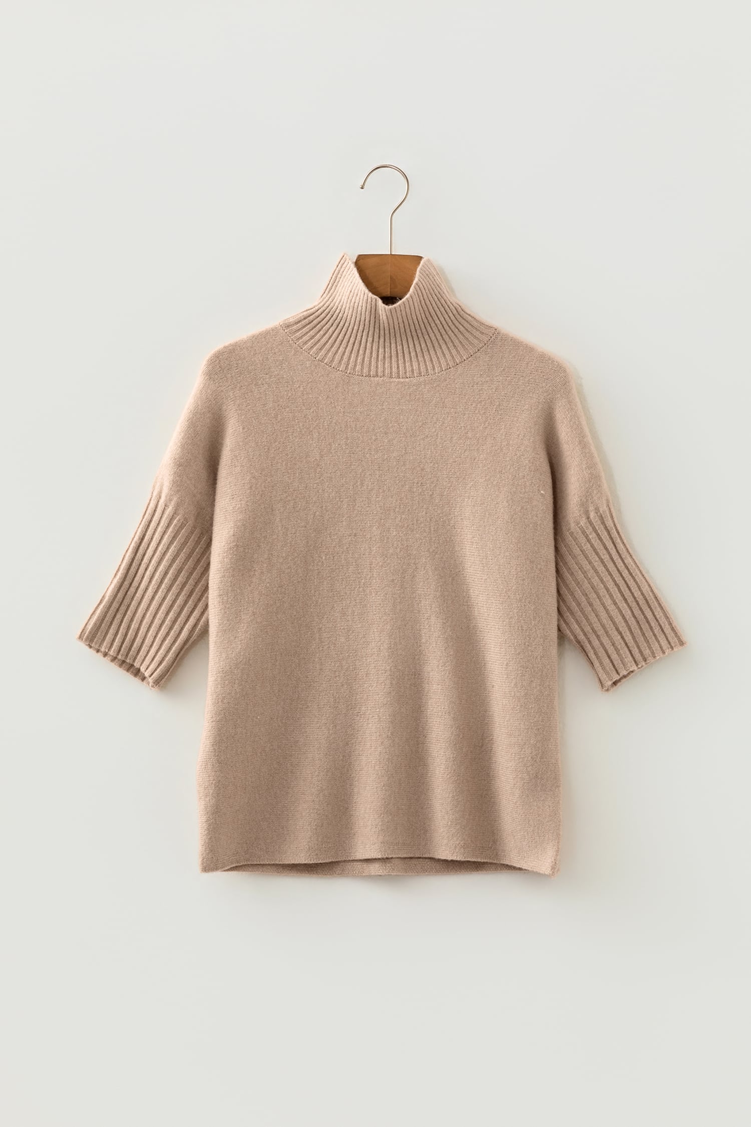 Beige Ribbed Trim High Neck Short Sleeve Casual Sweater