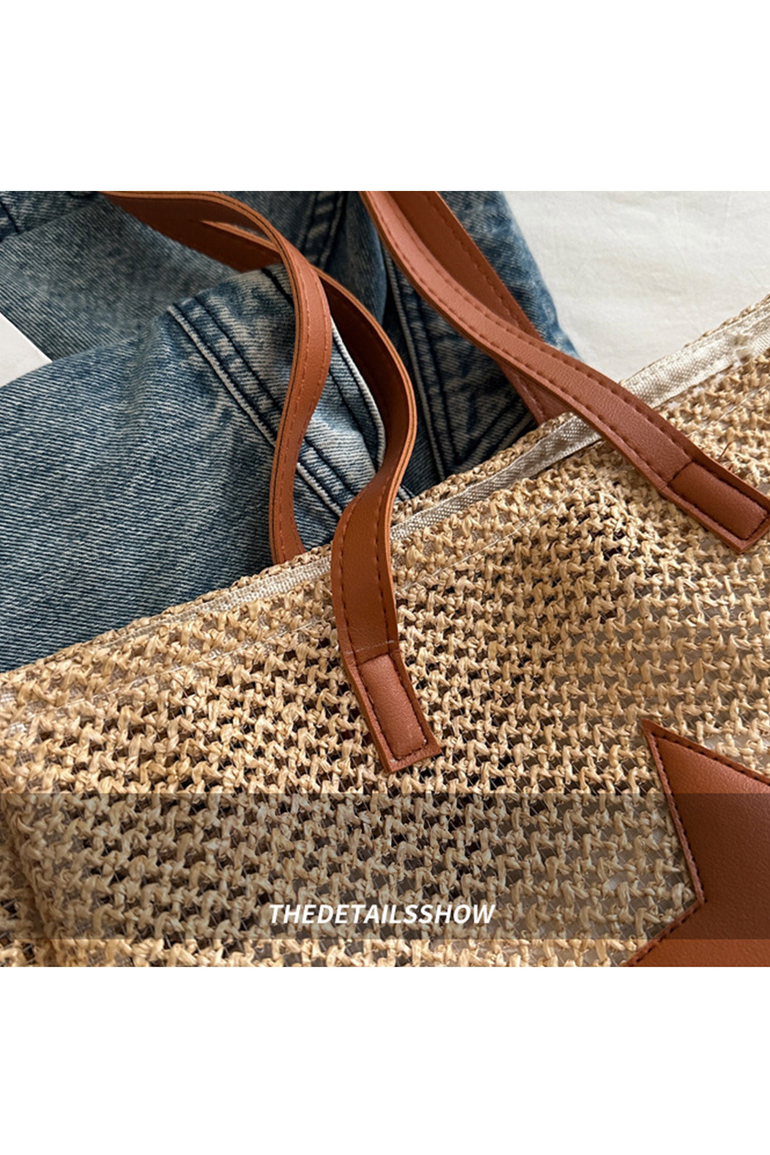 Parchment Boho Straw Woven Contrast Leather Star Detail Tote Bag