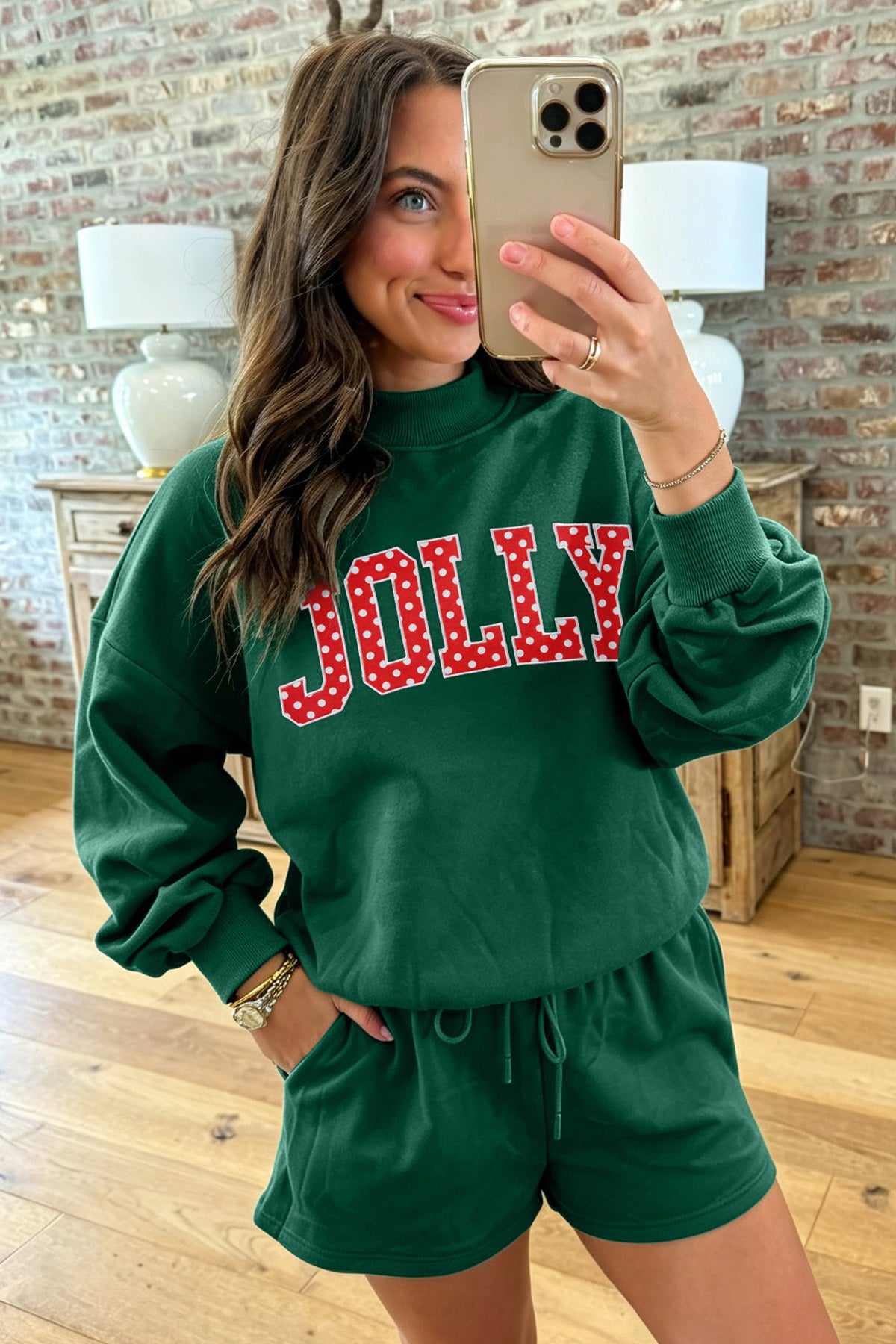 Dark Green Christmas Slogan Print Mock Neck Pullover and Shorts Set