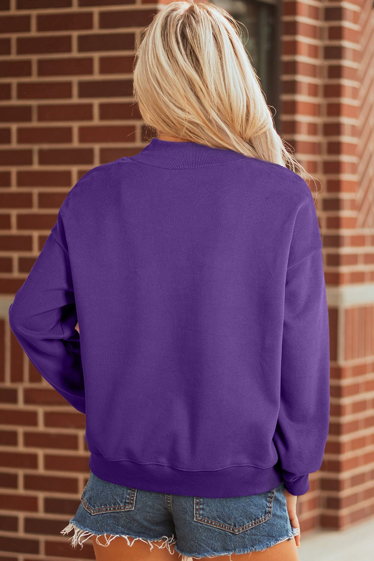 Tillandsia Purple Game Day Sequin Rugby Pattern Mock Neck Baggy Sweatshirt