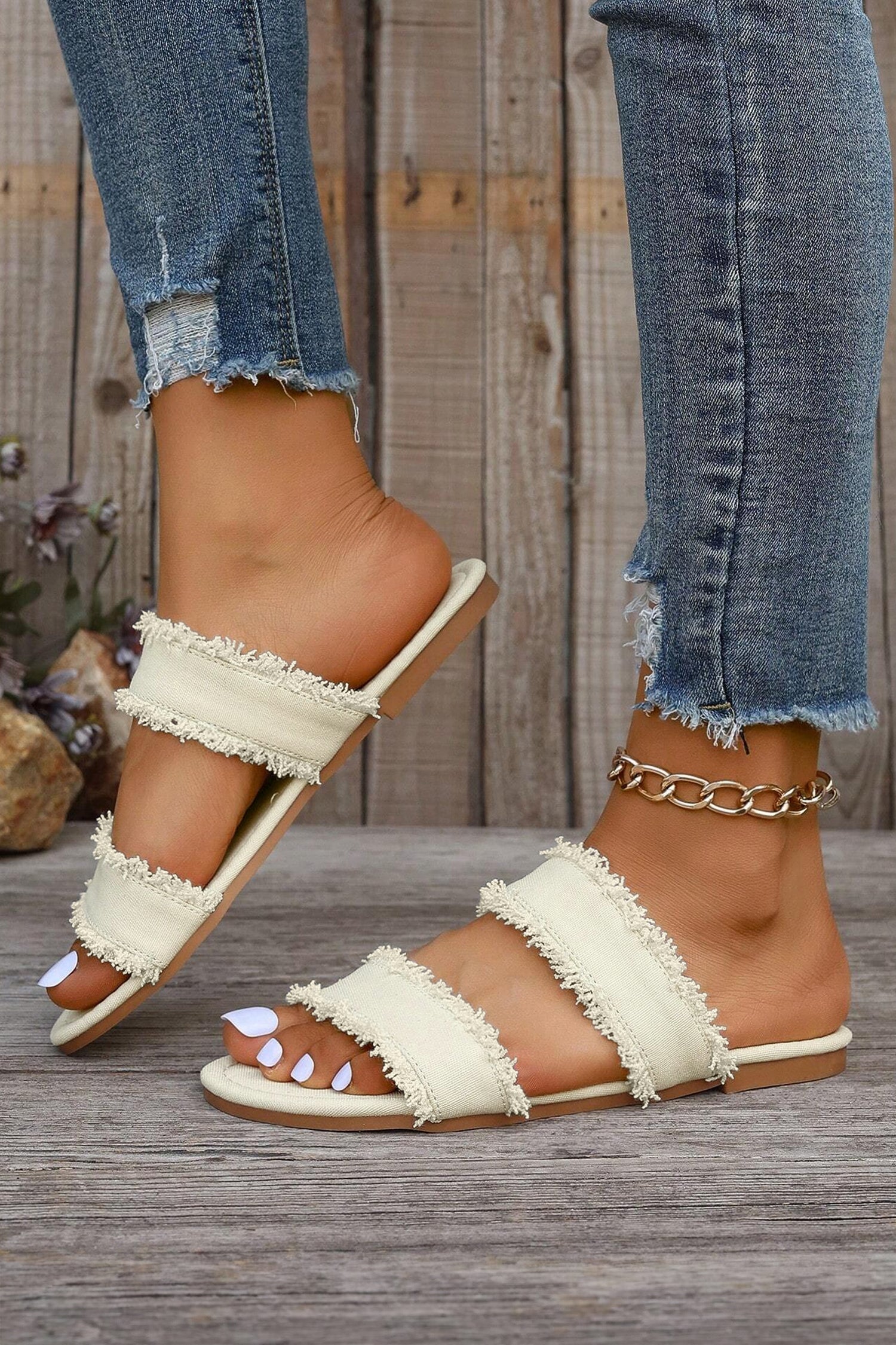 White Linen Frayed Trim Double Band Flat Slippers