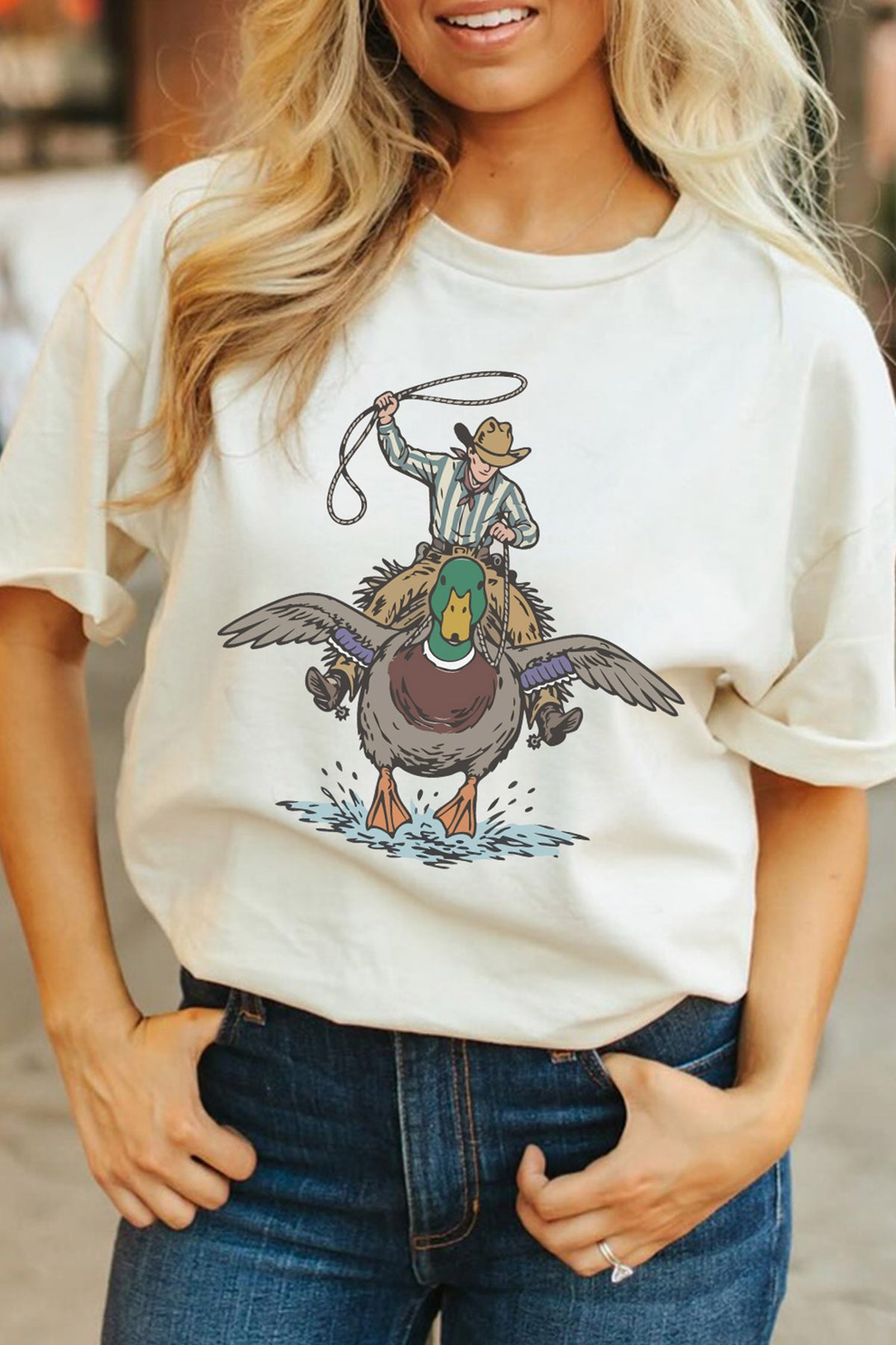White Western Duck Print Casual Graphic Tee