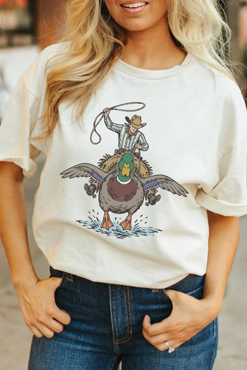 White Western Duck Print Casual Graphic Tee