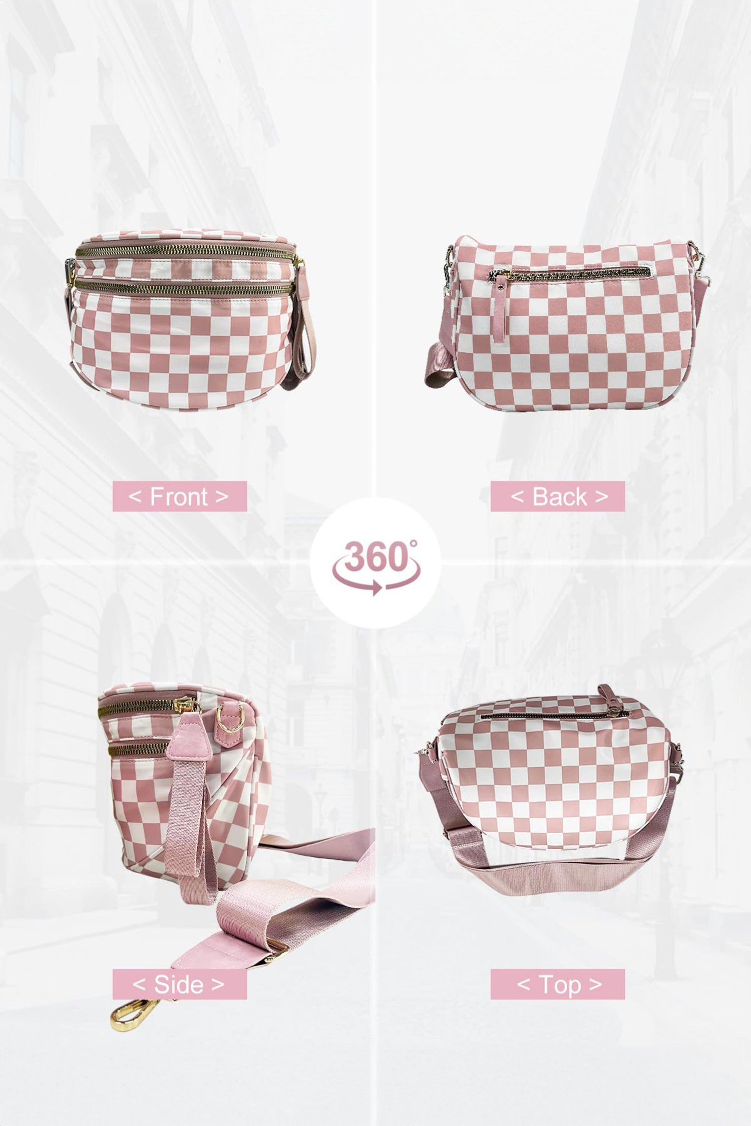 Pink Checkered Print Wide Strap Large Crossbody Bag