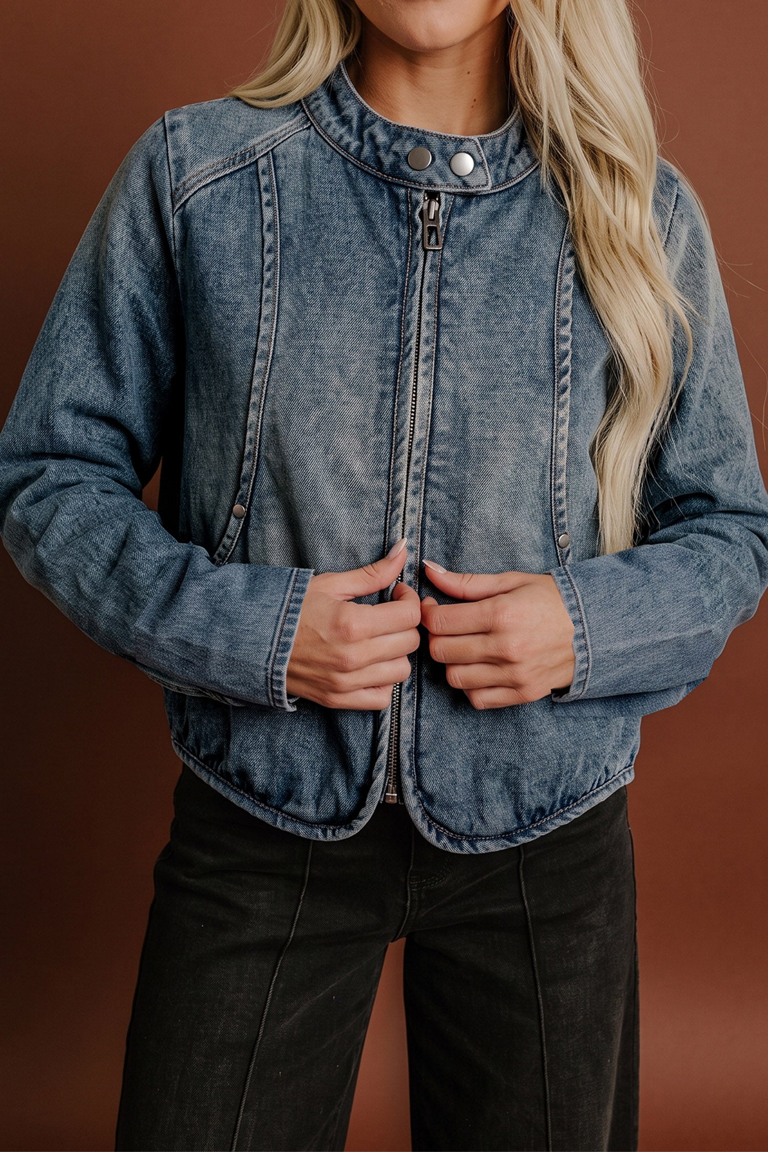 Navy Blue Button Collar Zip Up Vintage Washed Denim Jacket