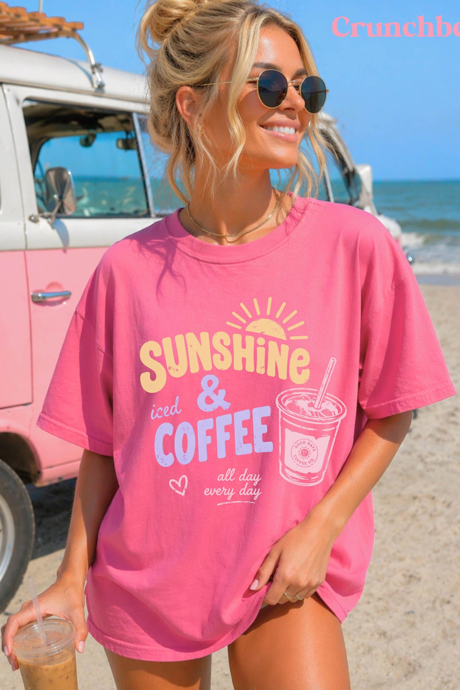 Sachet Pink Sunshine Iced Coffee Slogan Beach Vacation Graphic Tee