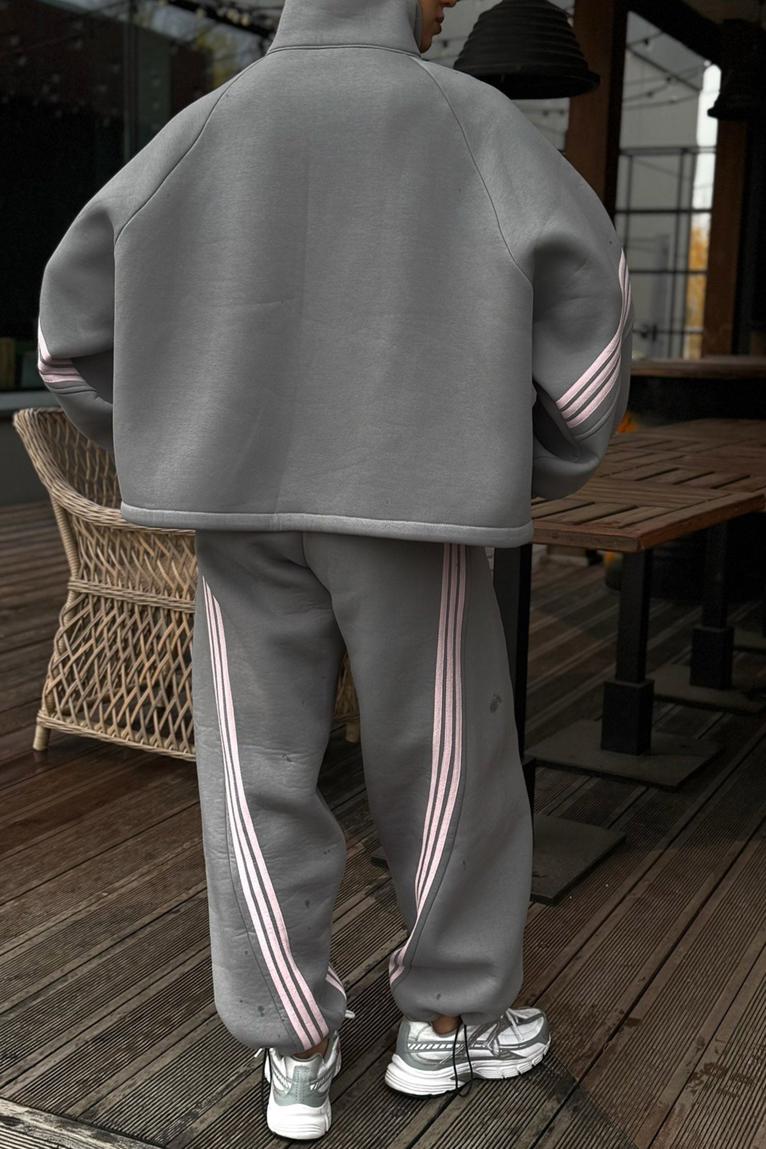 Medium Grey Striped Detail Zip High Neck Jacket Sporty Pants Sets