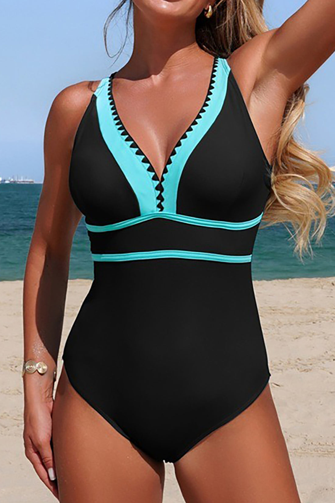 Aruba Blue Color Block Trim V Neck Crossed Straps One Piece Swimsuit
